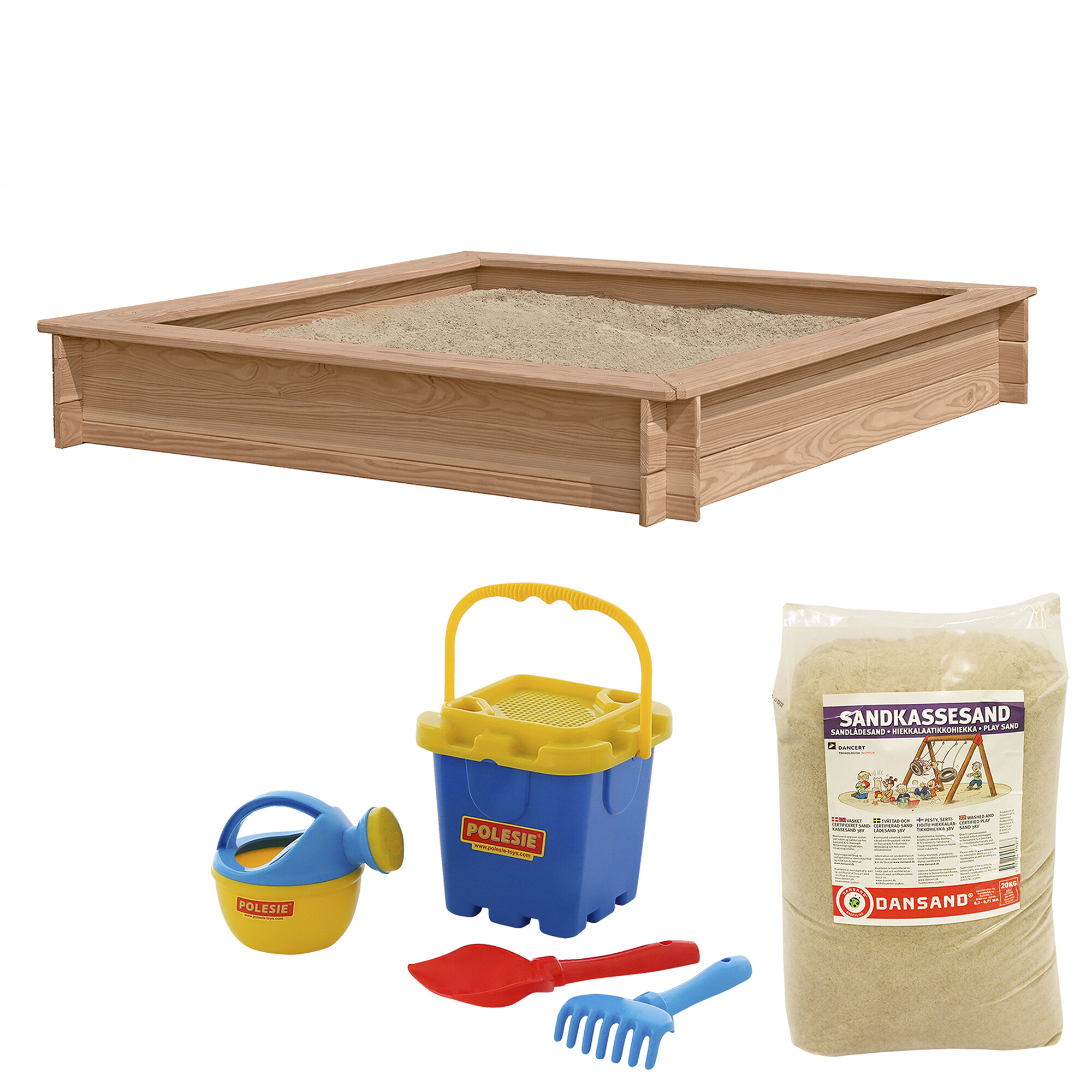 Sandkasse lærk 150 x 150 cm med 240 kg sand og blåt strandsæt NORDIC PLAY