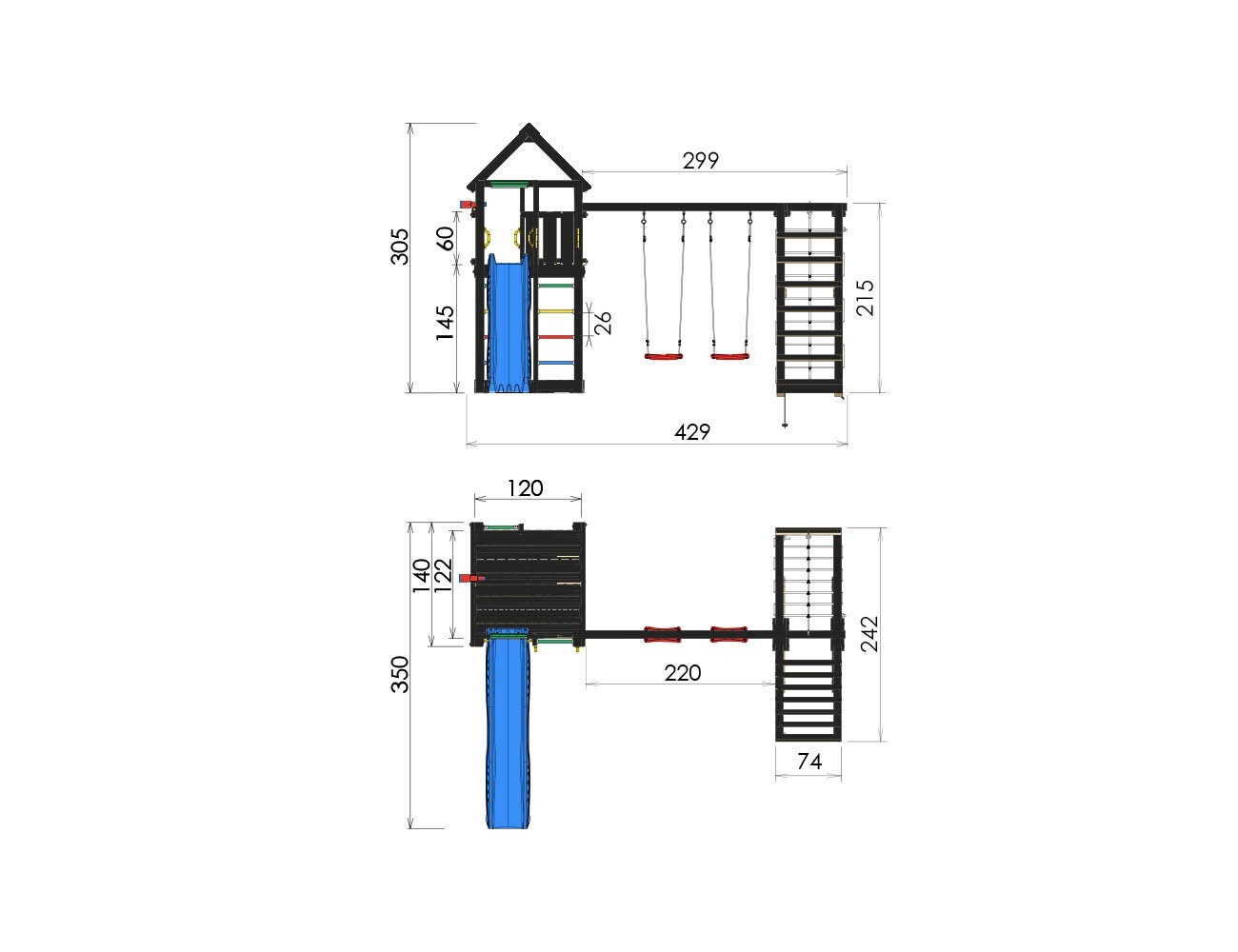 Legetårn komplet Jungle Gym Cabin inkl. Climb module x'tra ekskl. rutschebane, sort grundmalet