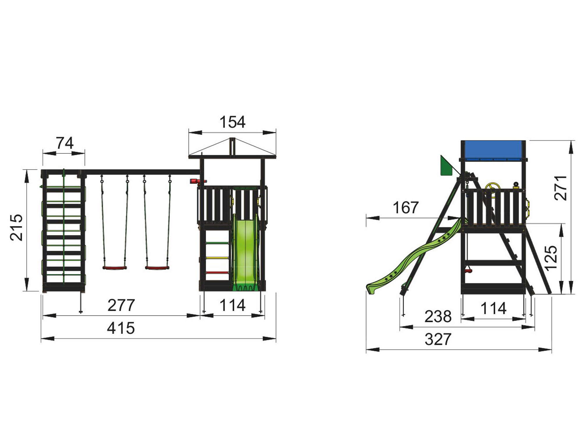 Legetårn Jungle Gym Hut 2.1, grundmalet sort, m/2-Climb Module 220 og grøn rutschebane