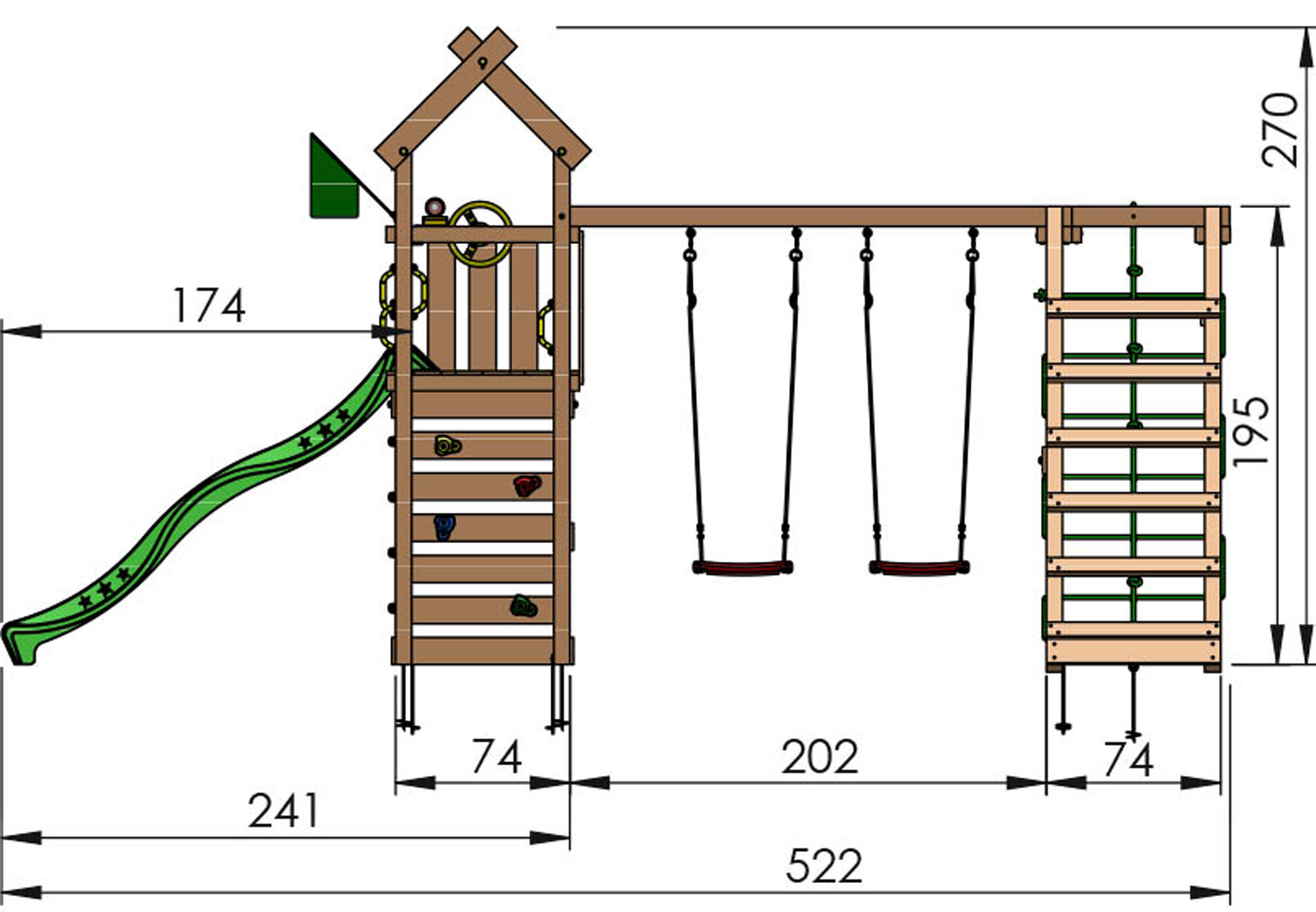 Legetårn Jungle Gym Nomad m/2-Climb Module 200 mørkegrøn rutsjebane