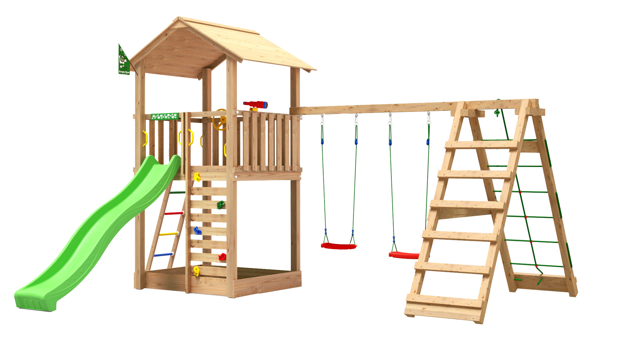 Legetårn Jungle Gym Sierra 2.1 m/2-Climb Module 220 og grøn rutschebane