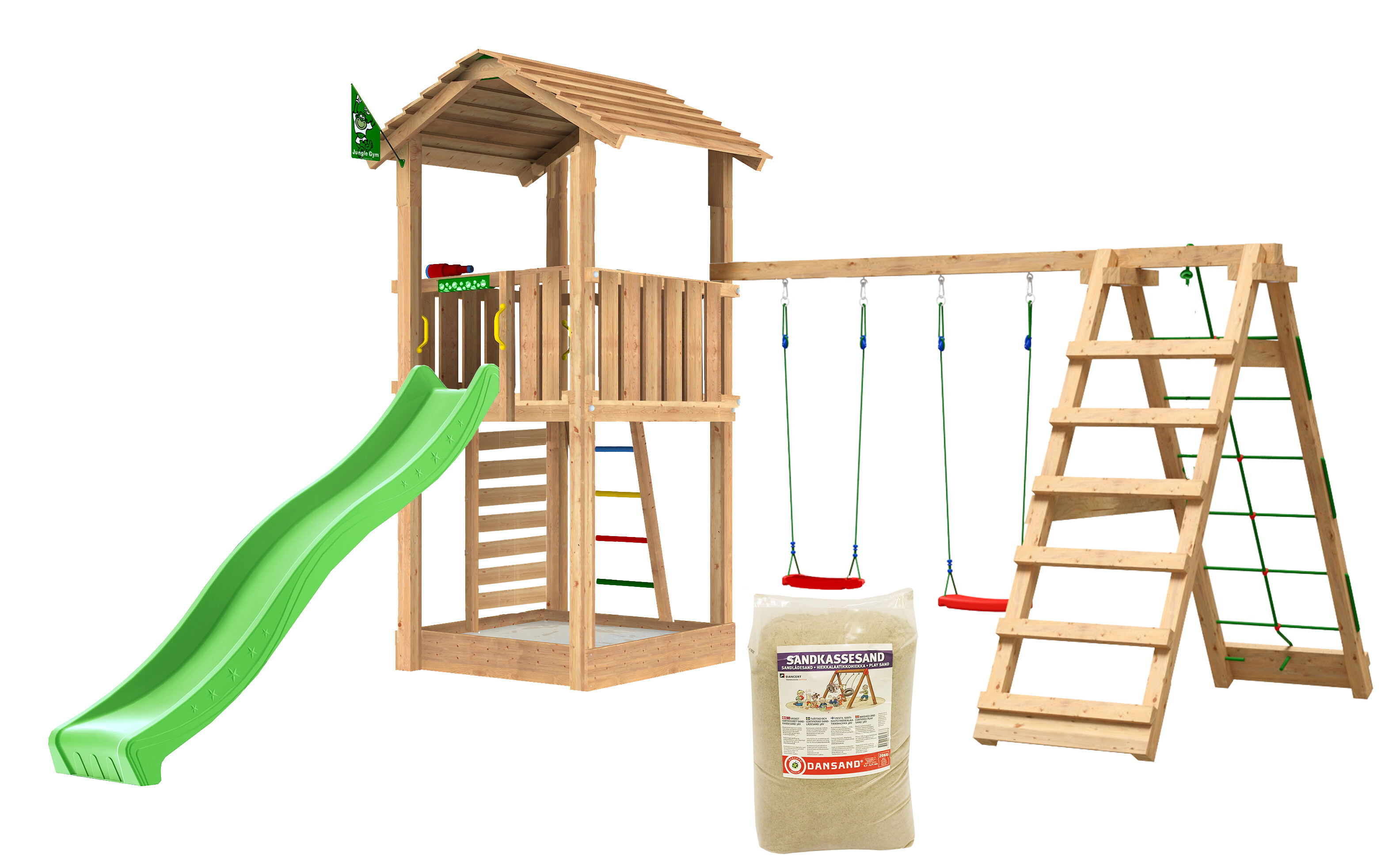 Legetårn Jungle Gym Cottage 2.1 w/2-Climb Module 220, grøn rutschebane og 120 kg sand