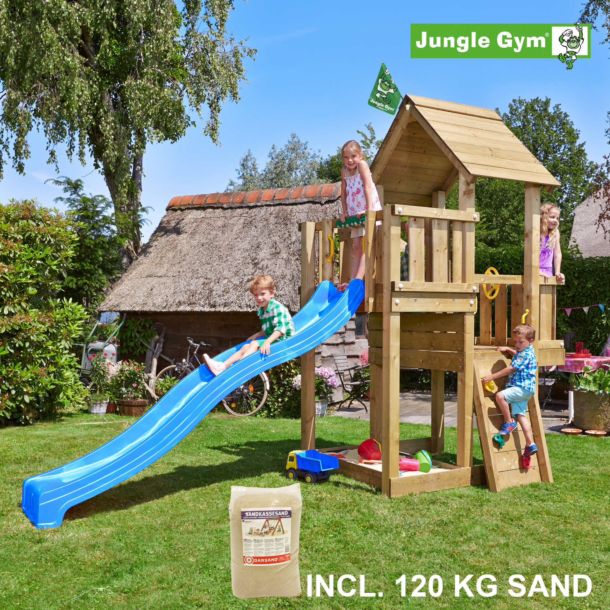 Legetårn Jungle Gym Cubby m/blå rutschebane og  inkl. 120 kg sand