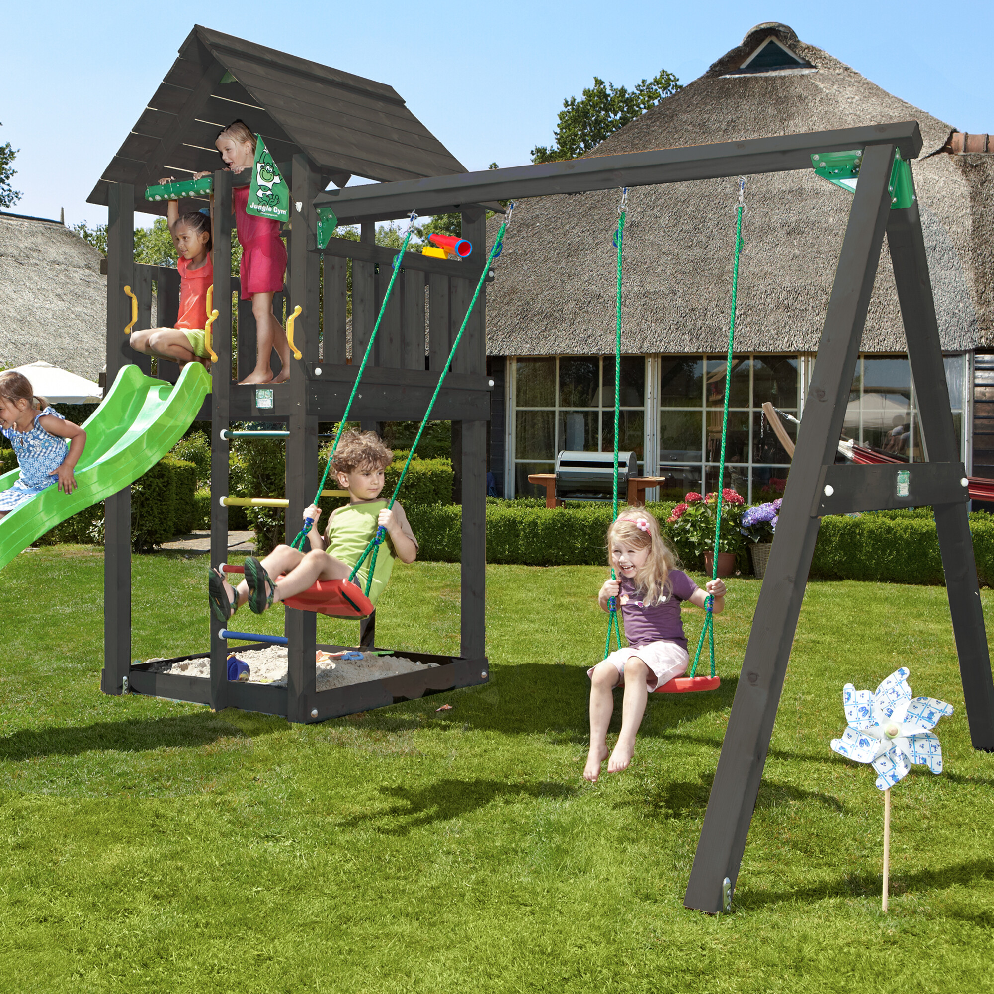 Legetårn komplet Jungle Gym Cabin inkl. Swing module x'tra ekskl. rutschebane, sort grundmalet