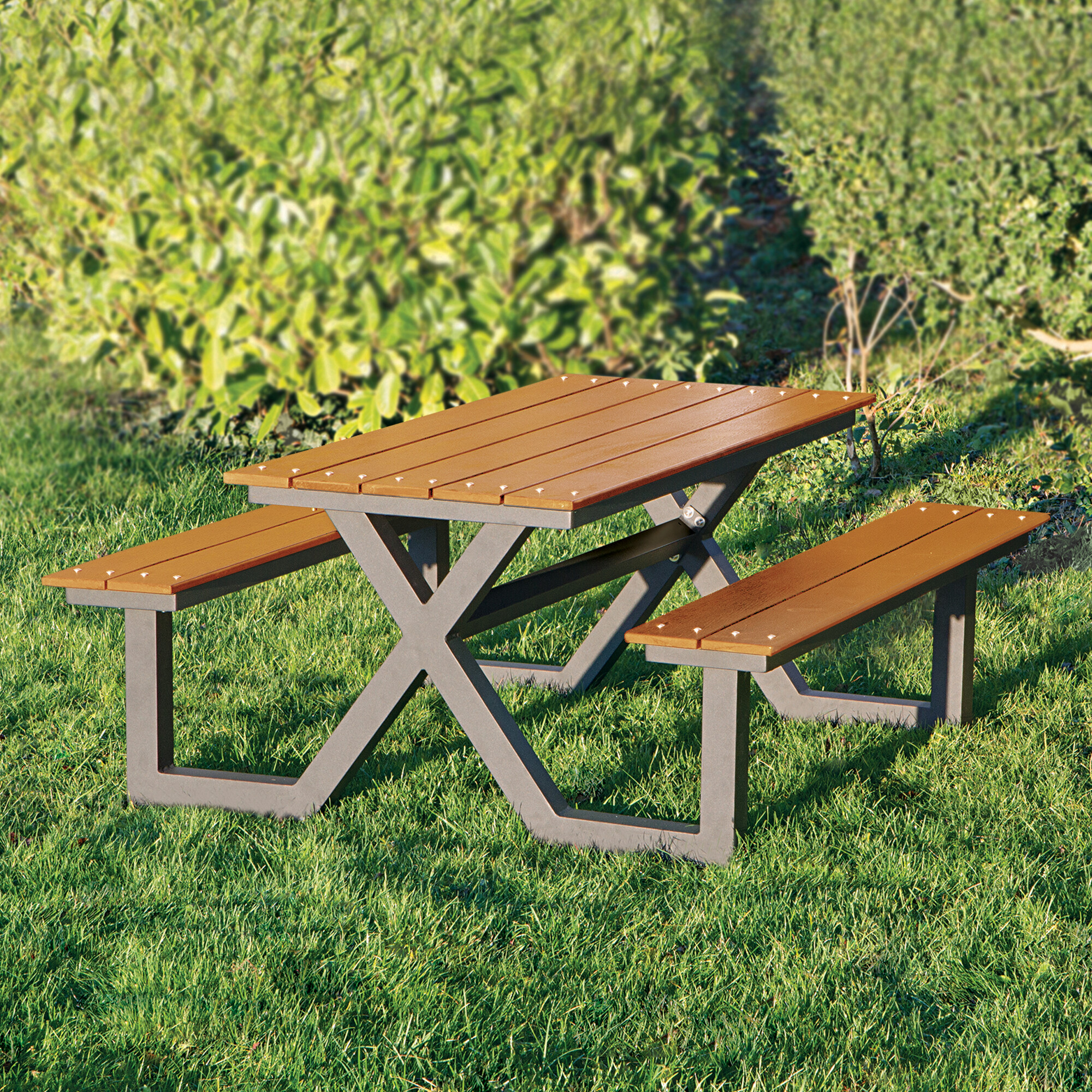 Bord-/bænkesæt X-model teak nonwood og antracitstel HORTUS