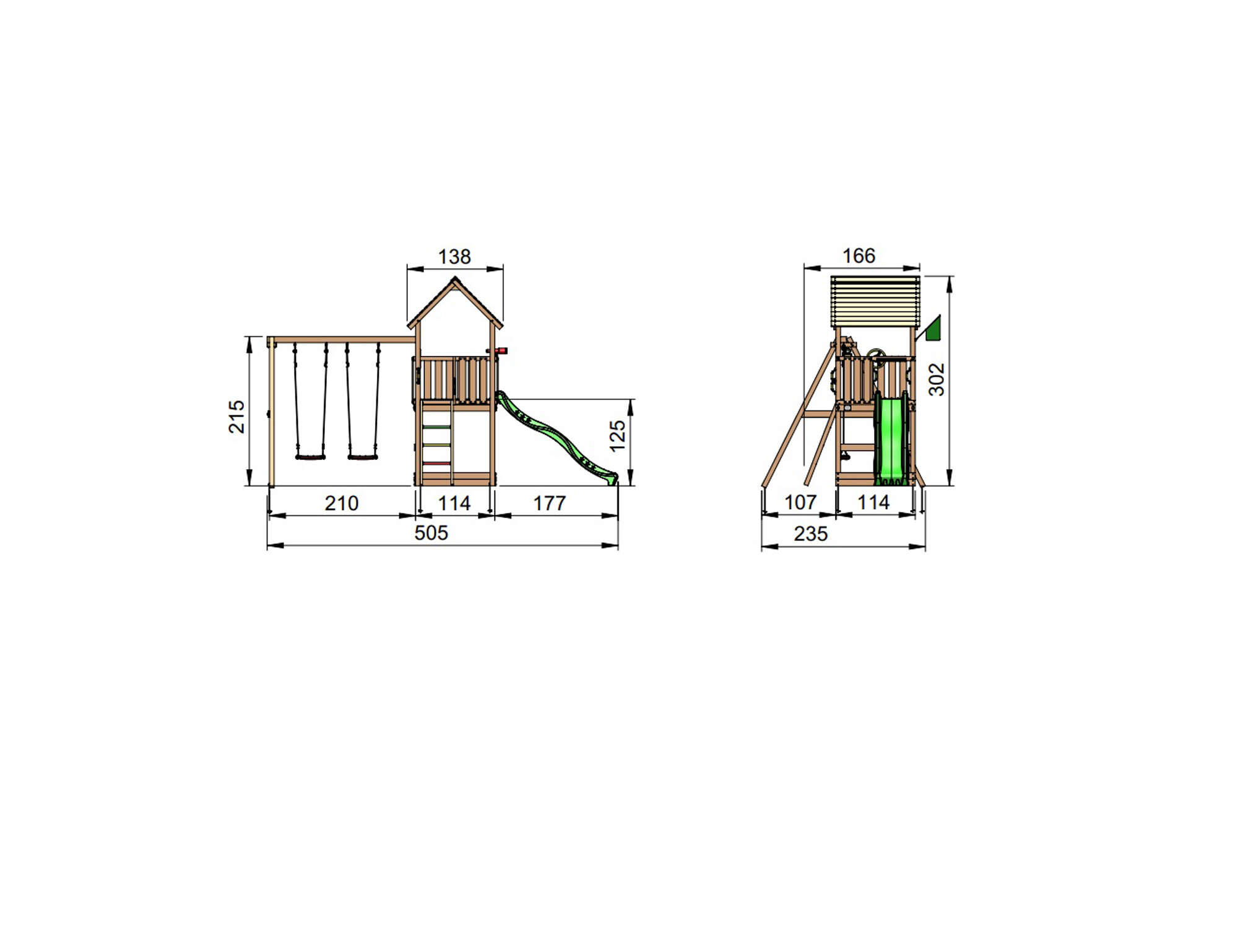 Legetårn Jungle Gym 2.1, m/Club 2-Swing Module 220 og grøn rutschebane