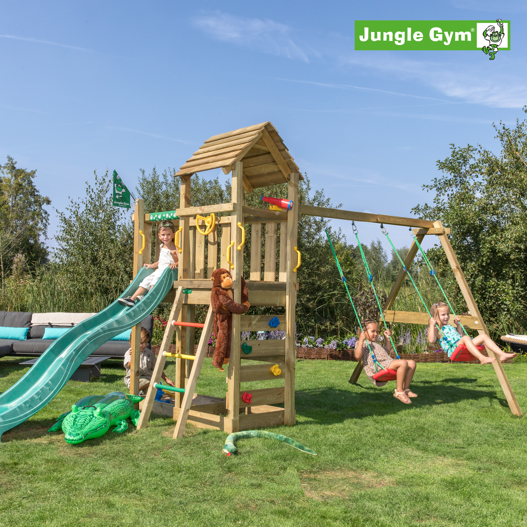 Legetårn Jungle Gym Safari m/2-Swing Module 200 og mørkegrøn rutsjebane