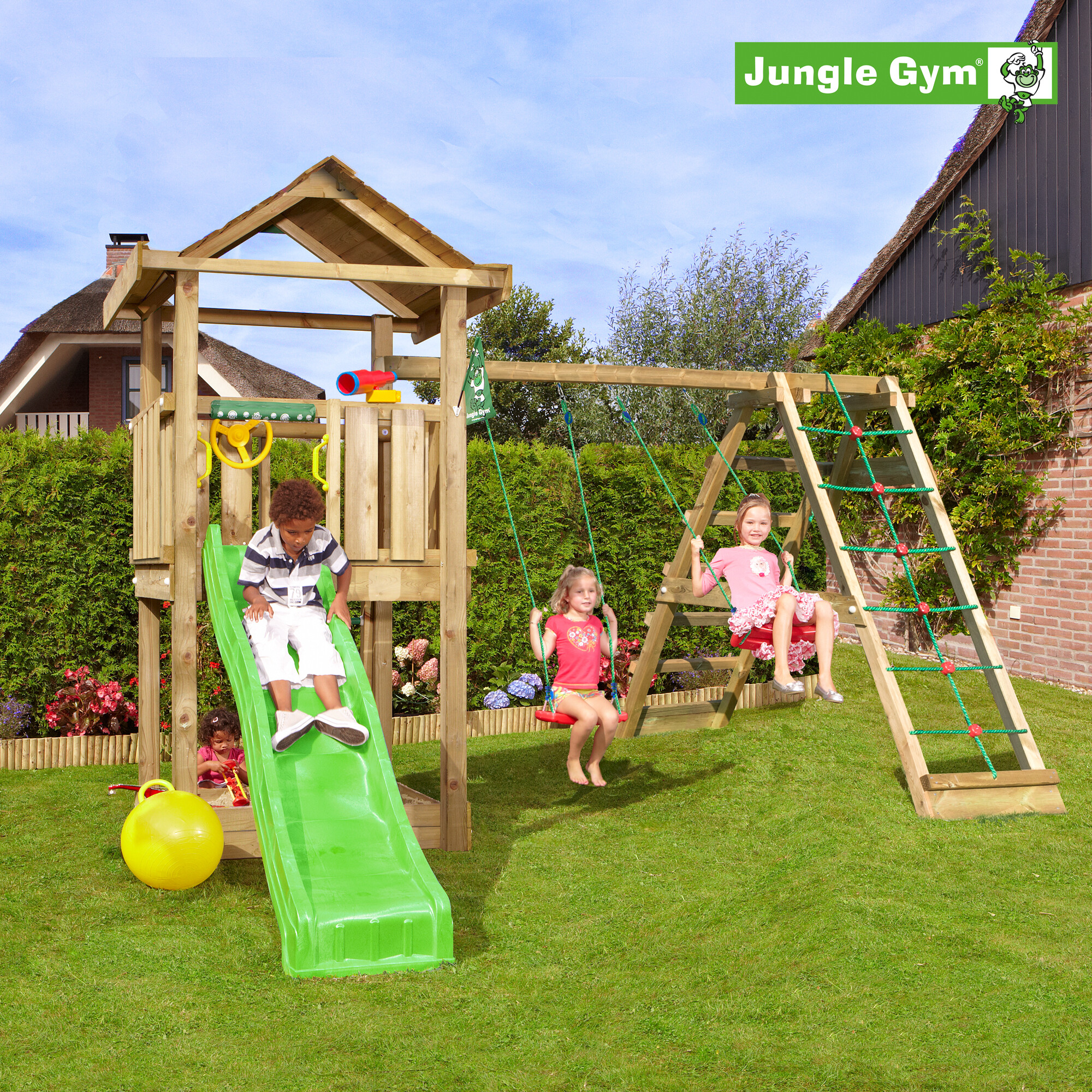 Legetårn Jungle Gym House 2.1, m/2-Climb Module 220 og grøn rutschebane