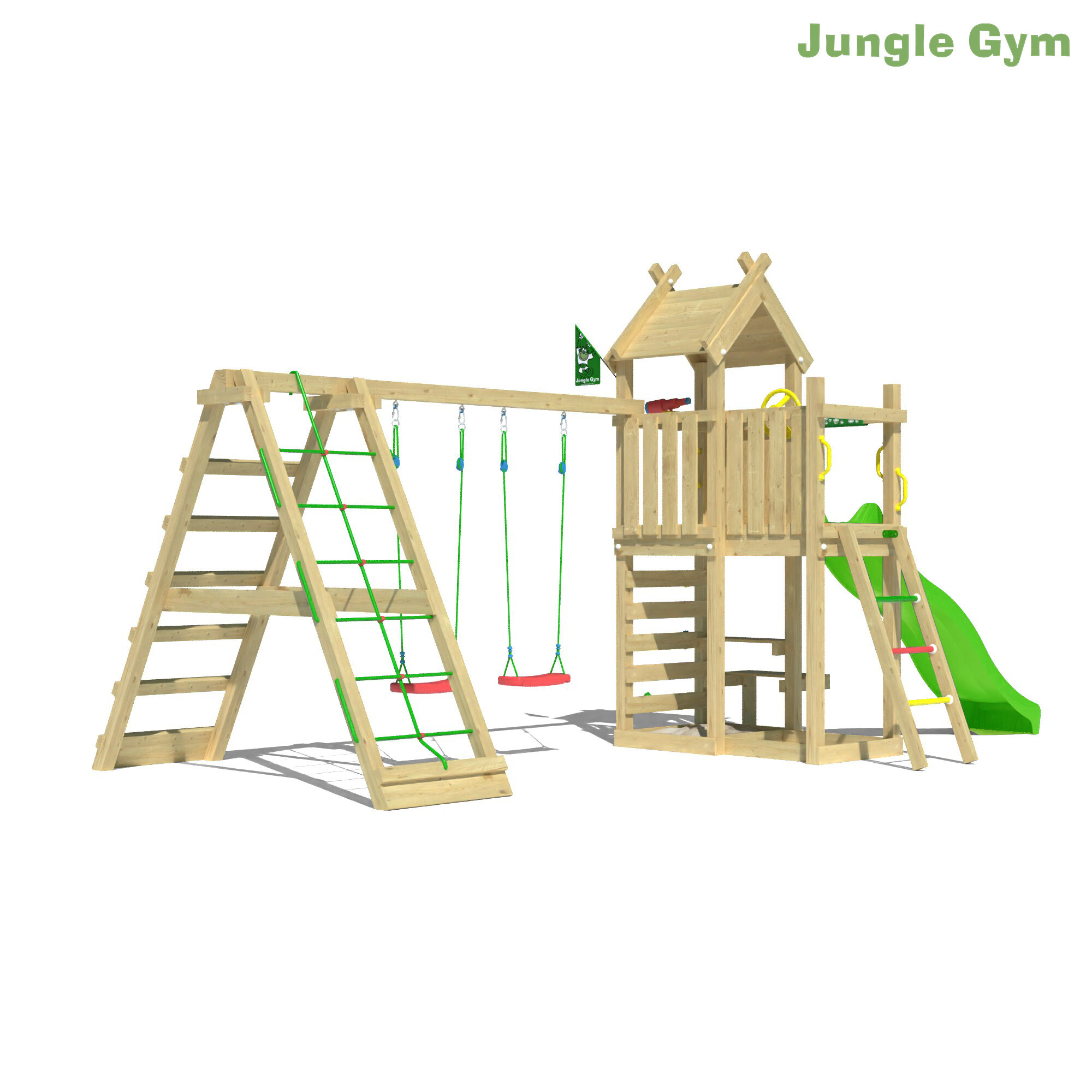Legetårn Jungle Gym Teepee m/2-Climb Module 200 og grøn rutschebane