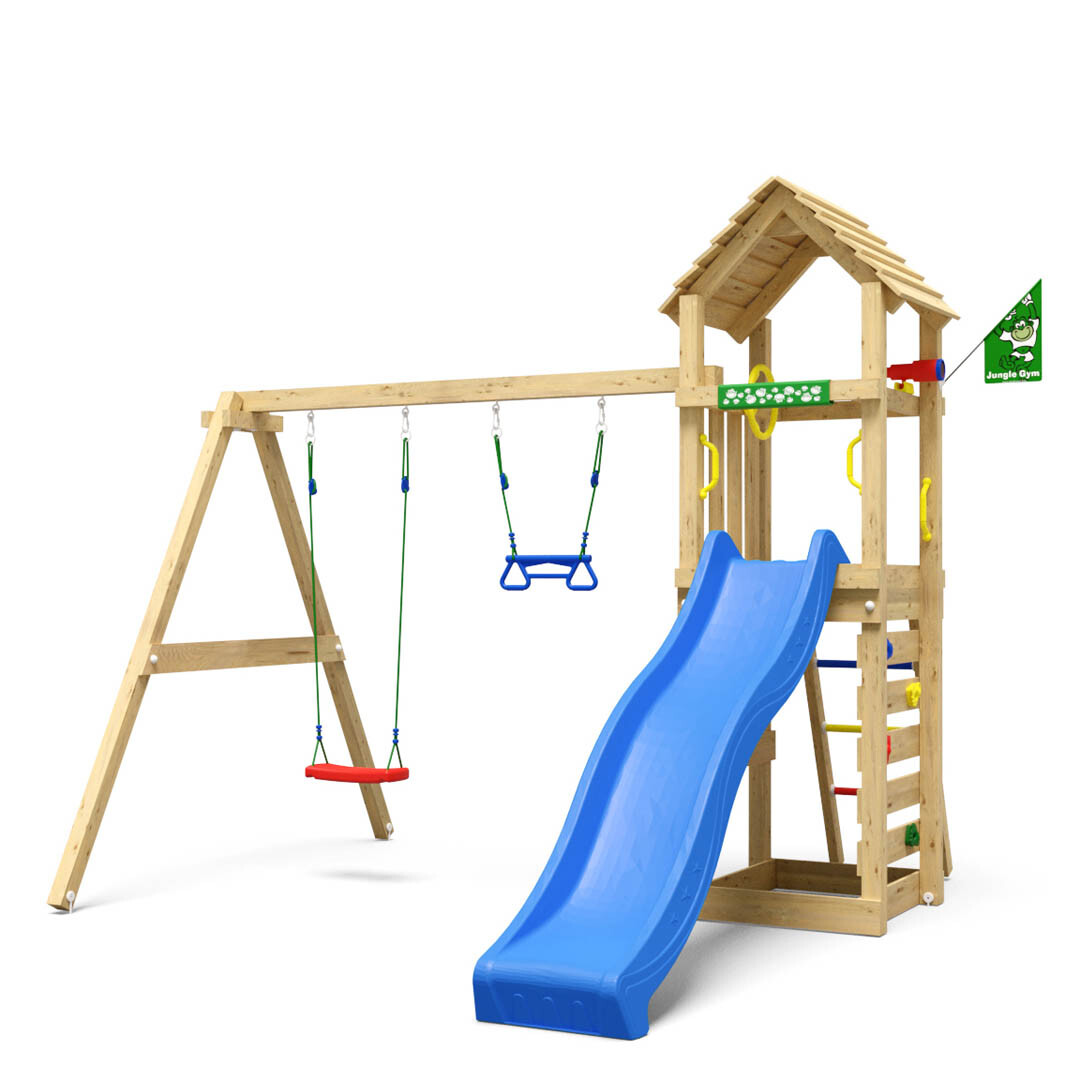 Playtower Jungle Gym Cocoon w/2-Swing Module 200 and blue slide