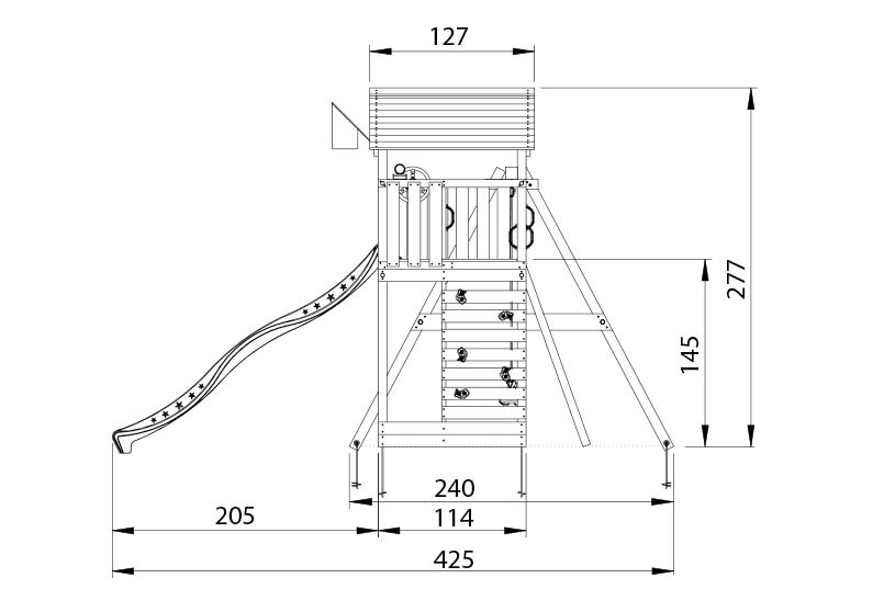 Legetårn Jungle Gym Cottage 2.1 m/2-Swing Modul 220, blå rutschebane og 120 kg sand