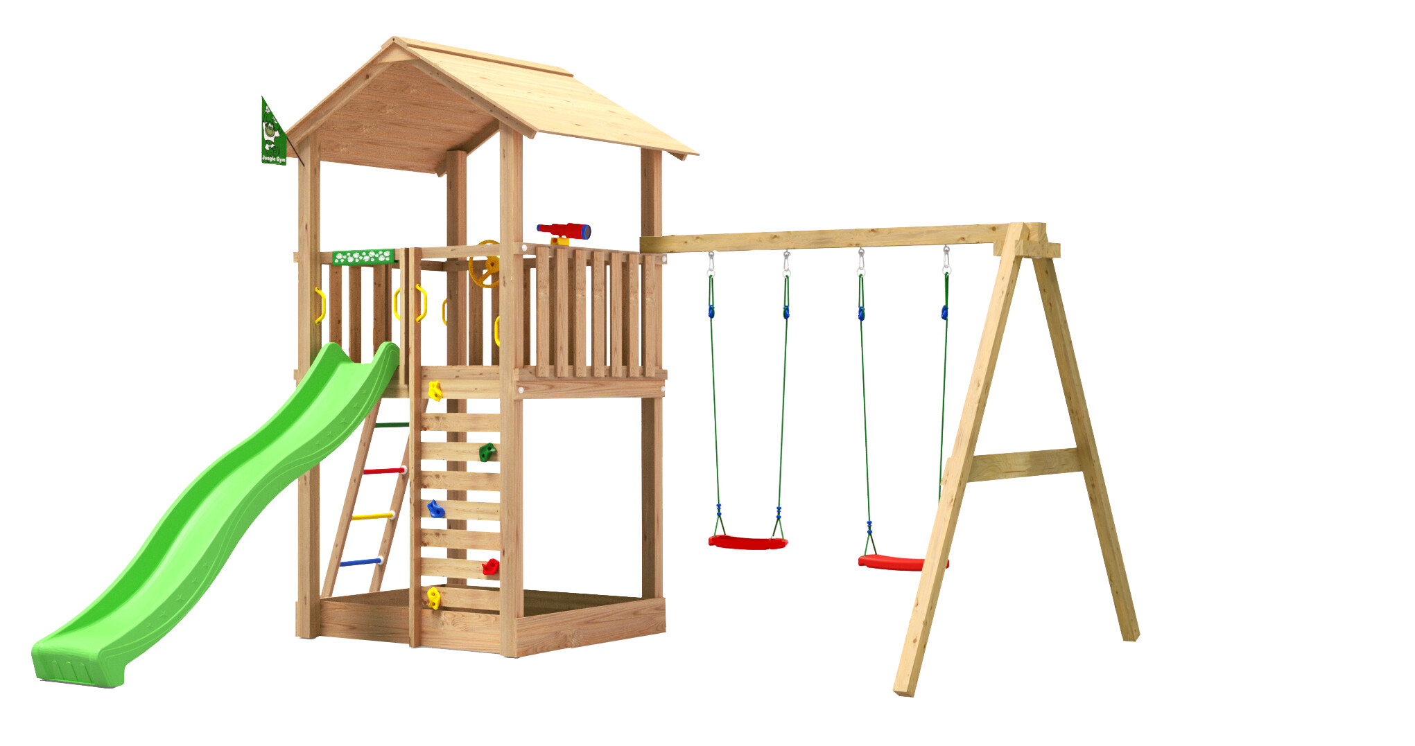 Legetårn Jungle Gym Sierra 2.1 m/2-Swing Module 220 og grøn rutschebane