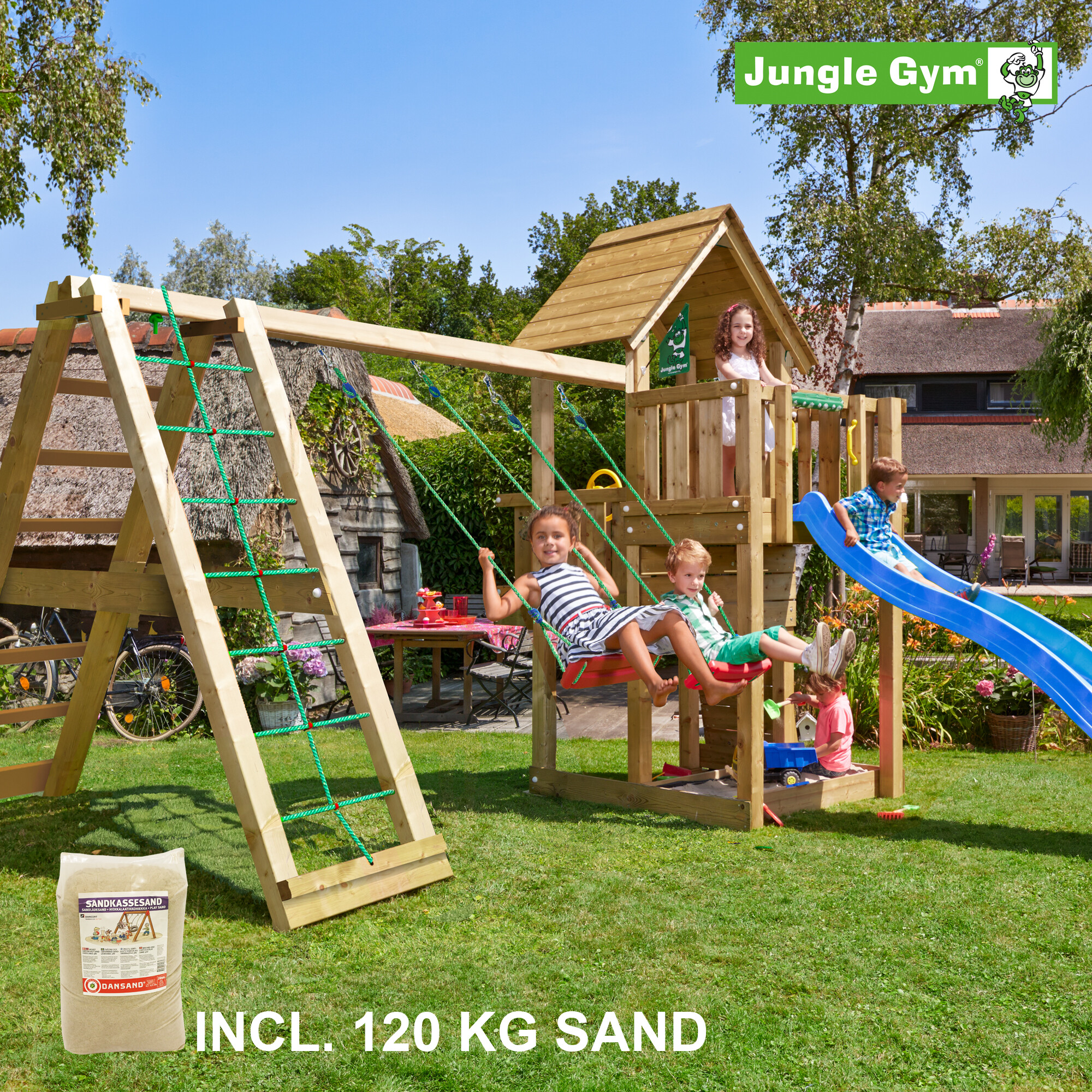 Legetårn Jungle Gym Cubby m/2-Climb Module 220, 120 kg sand og blå rutschebane