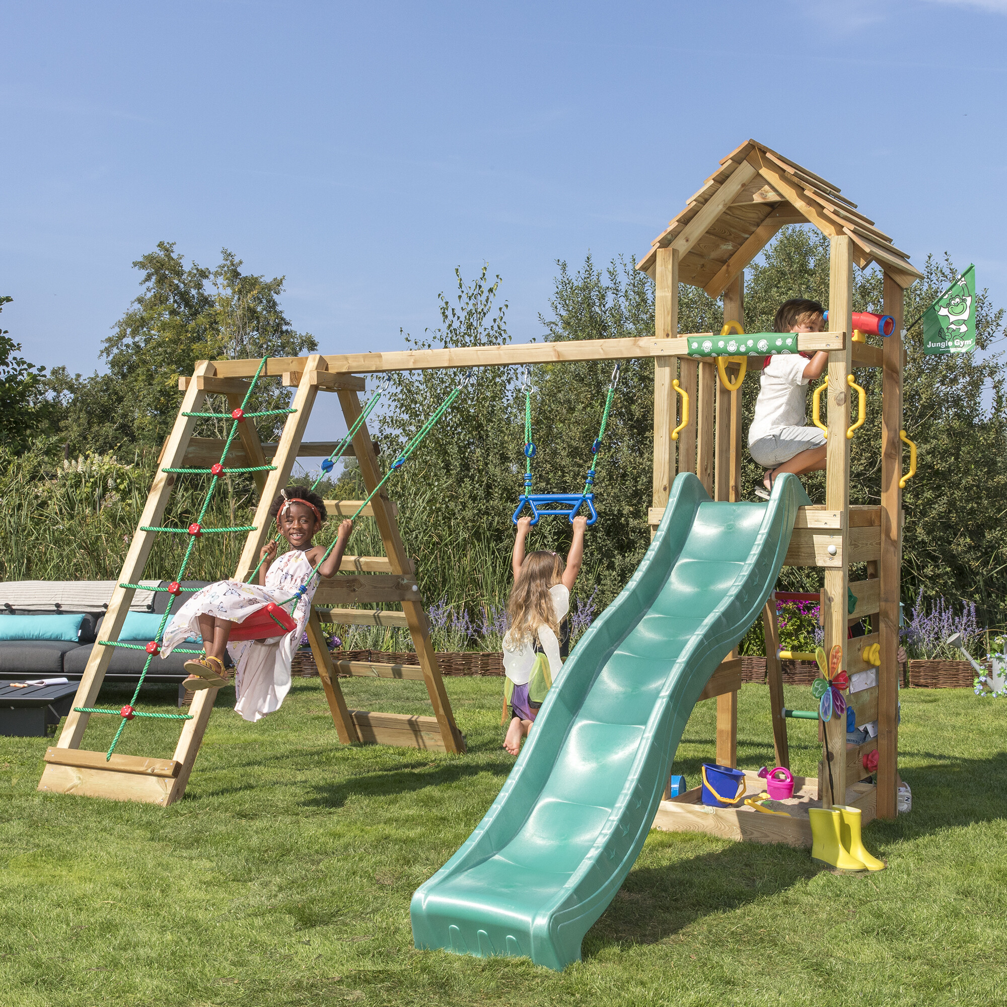 Legetårn Jungle Gym Cocoon m/2-Climb Module 200 og mørkegrøn rutsjebane