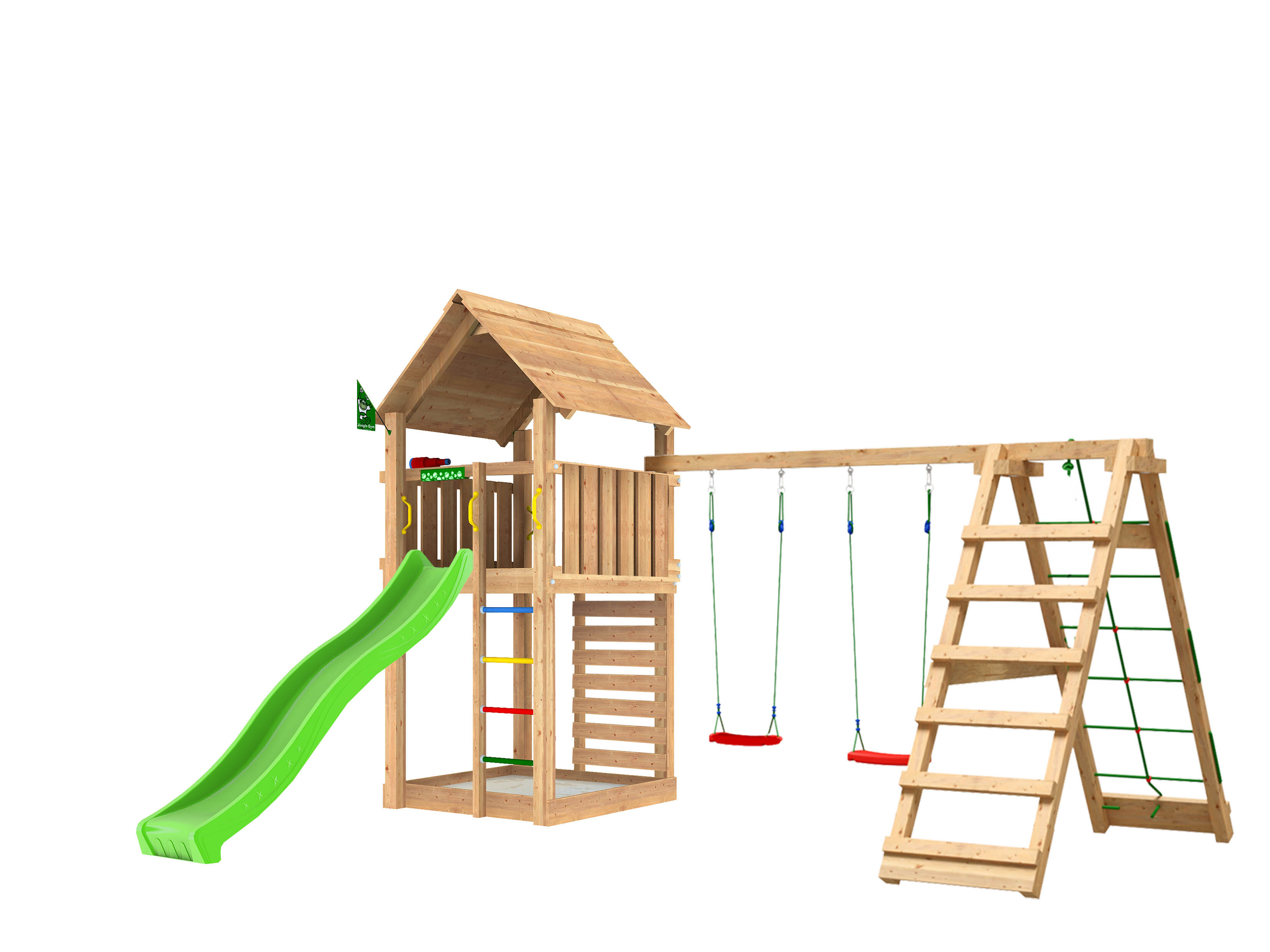 Legetårn Jungle Gym Cabin 2.1 m/2-Climb Module 220 og grøn rutsjebane