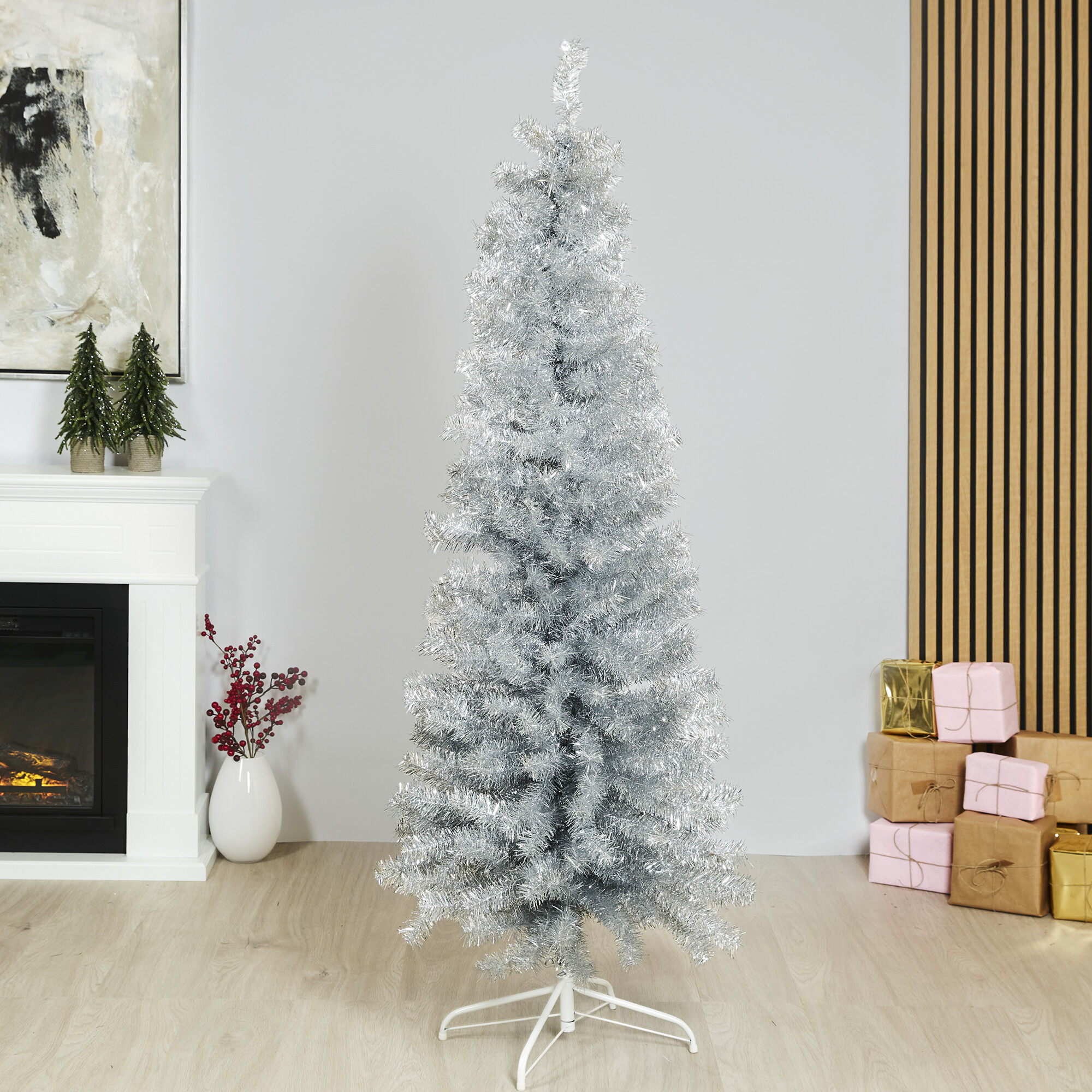 Christmas tree artificial, narrow, PVC ”BLING”, Class C, 180 x 68 cm with LED, silver NORDIC WINTER