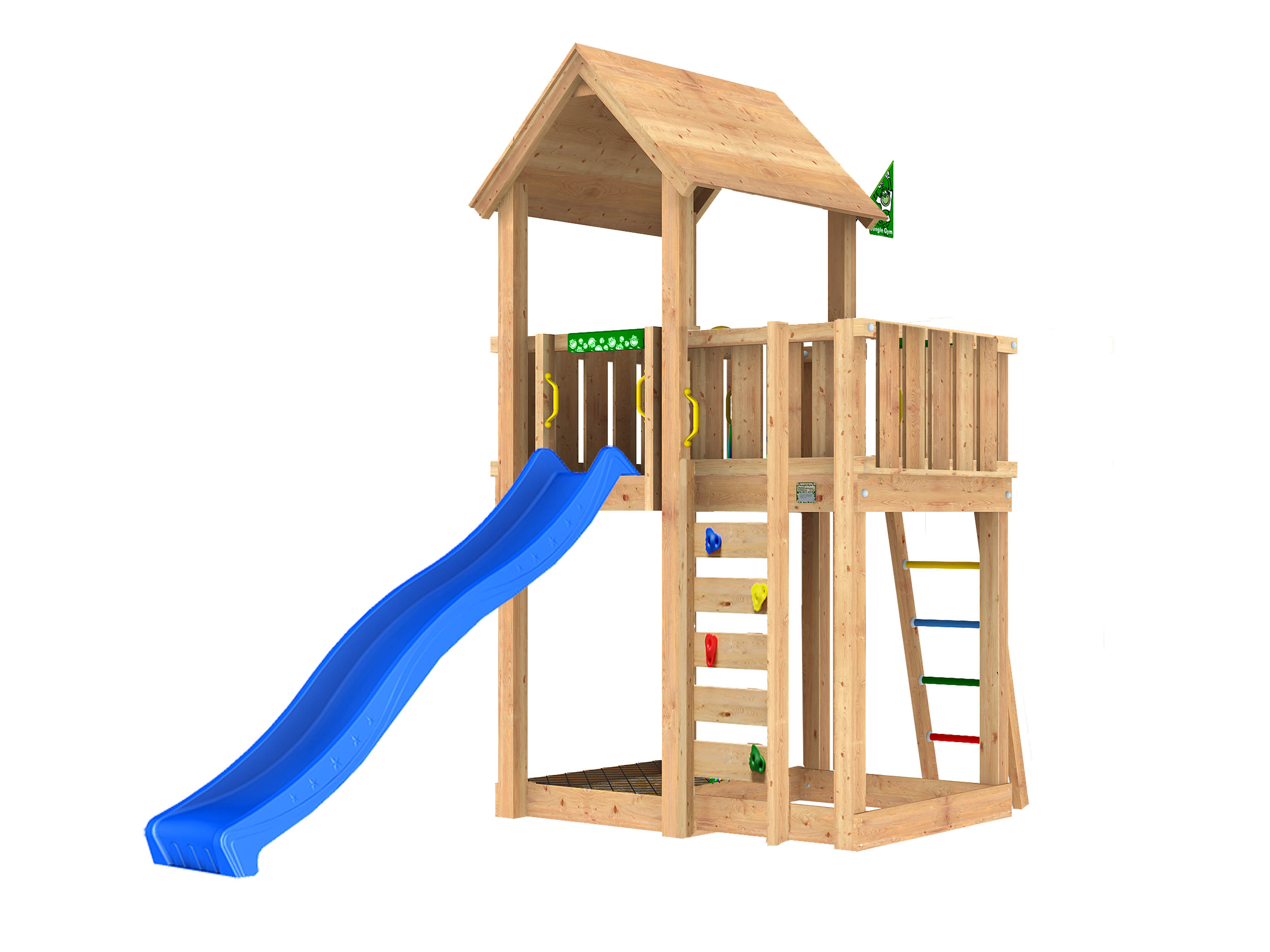 Legetårn Jungle Gym Mansion 2.1 m/blå rutsjebane og 120 kg sand