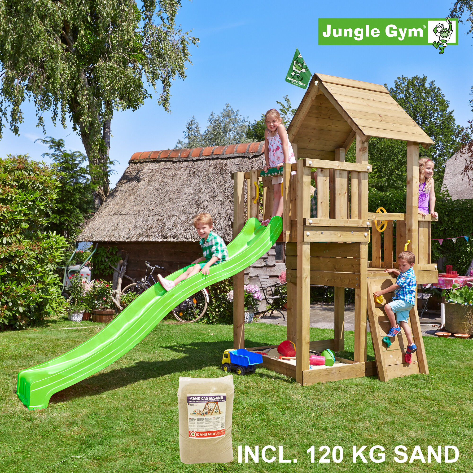 Legetårn Jungle Gym Cubby m/grøn rutschebane og120 kg sand