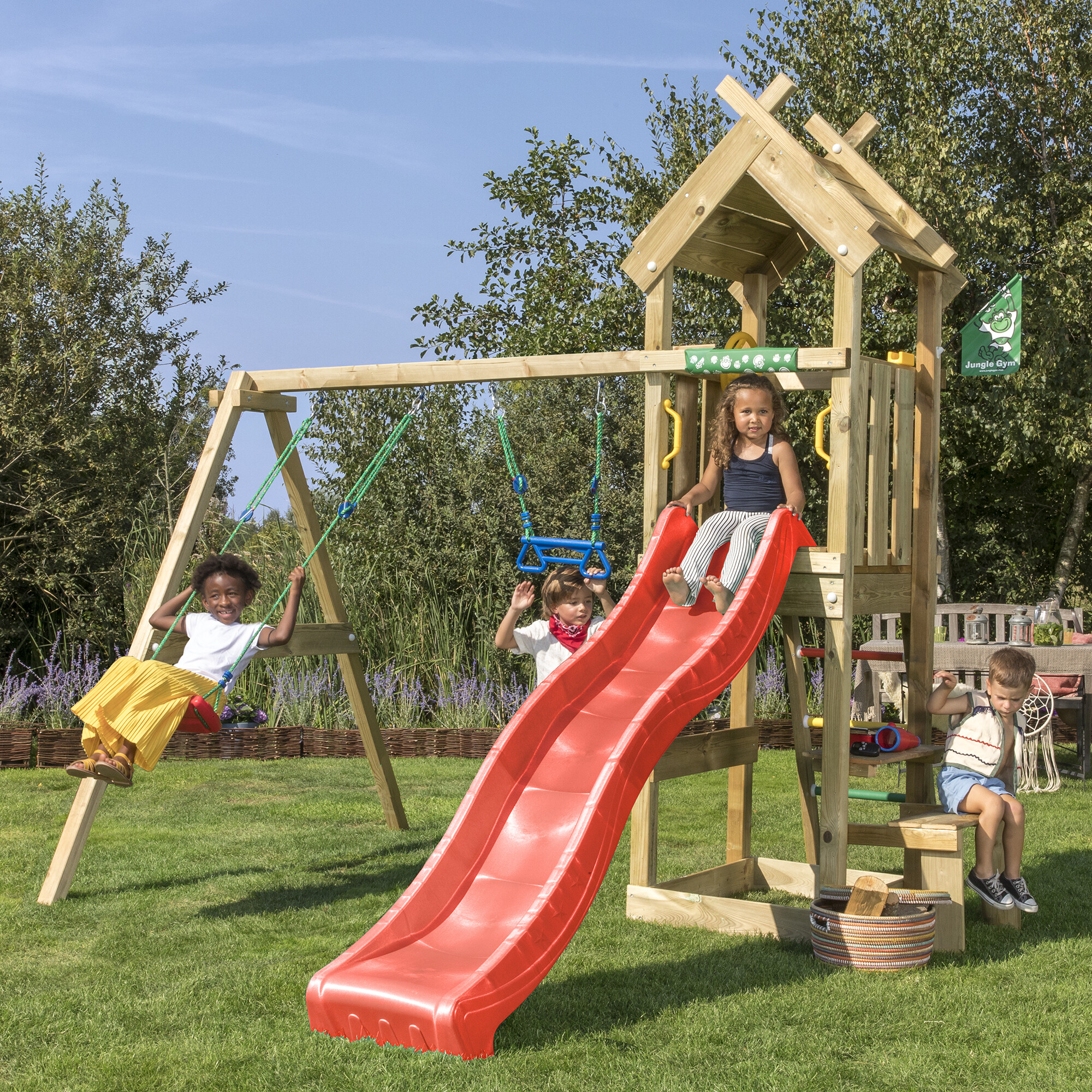 Legetårn Jungle Gym Totem m/2-Swing Module 200 og rød rutschebane