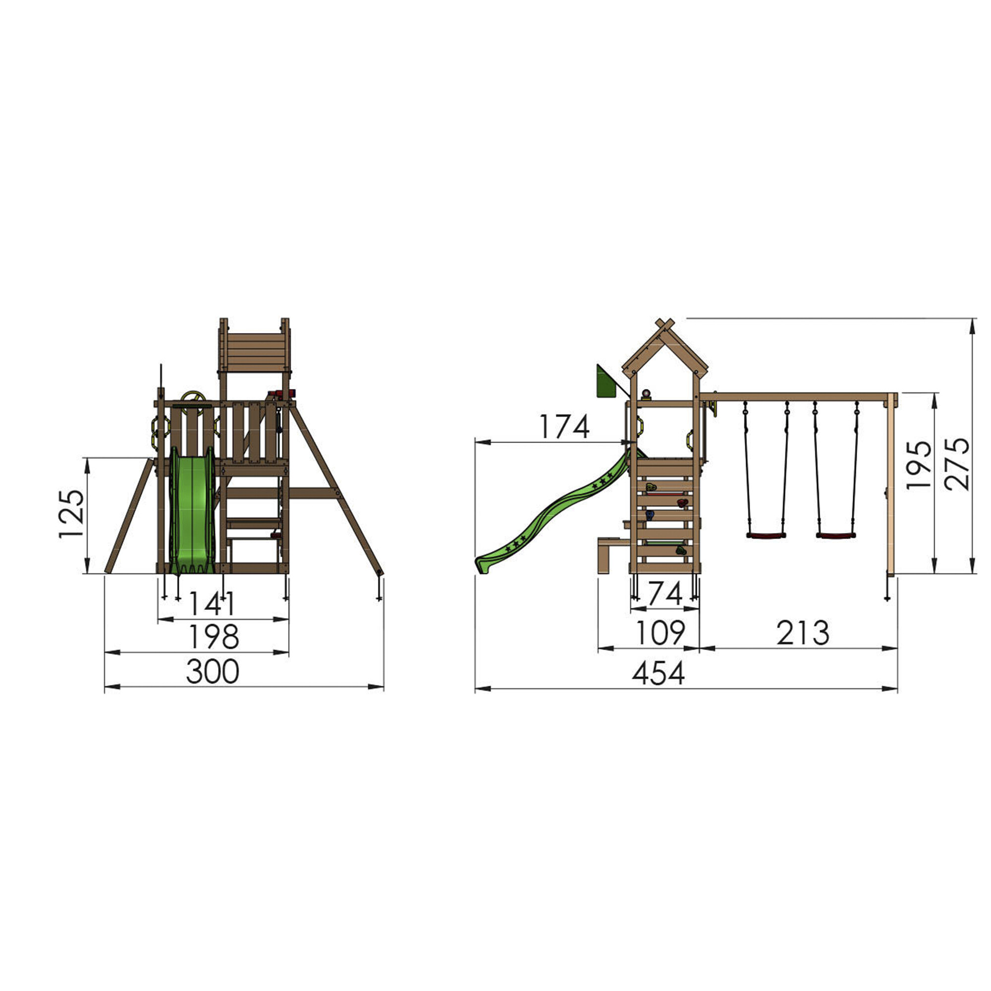 Legetårn Jungle Gym Teepee m/2-Swing Module 200 og grøn rutschebane