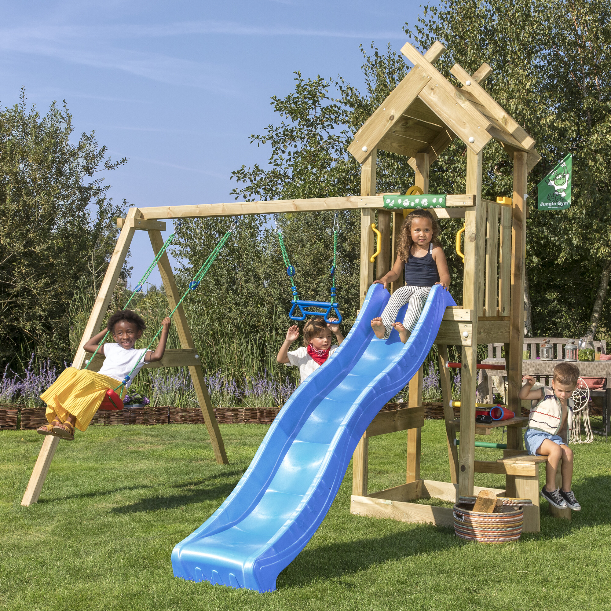 Legetårn Jungle Gym Totem w/2-Swing Module 200 og blå rutschebane