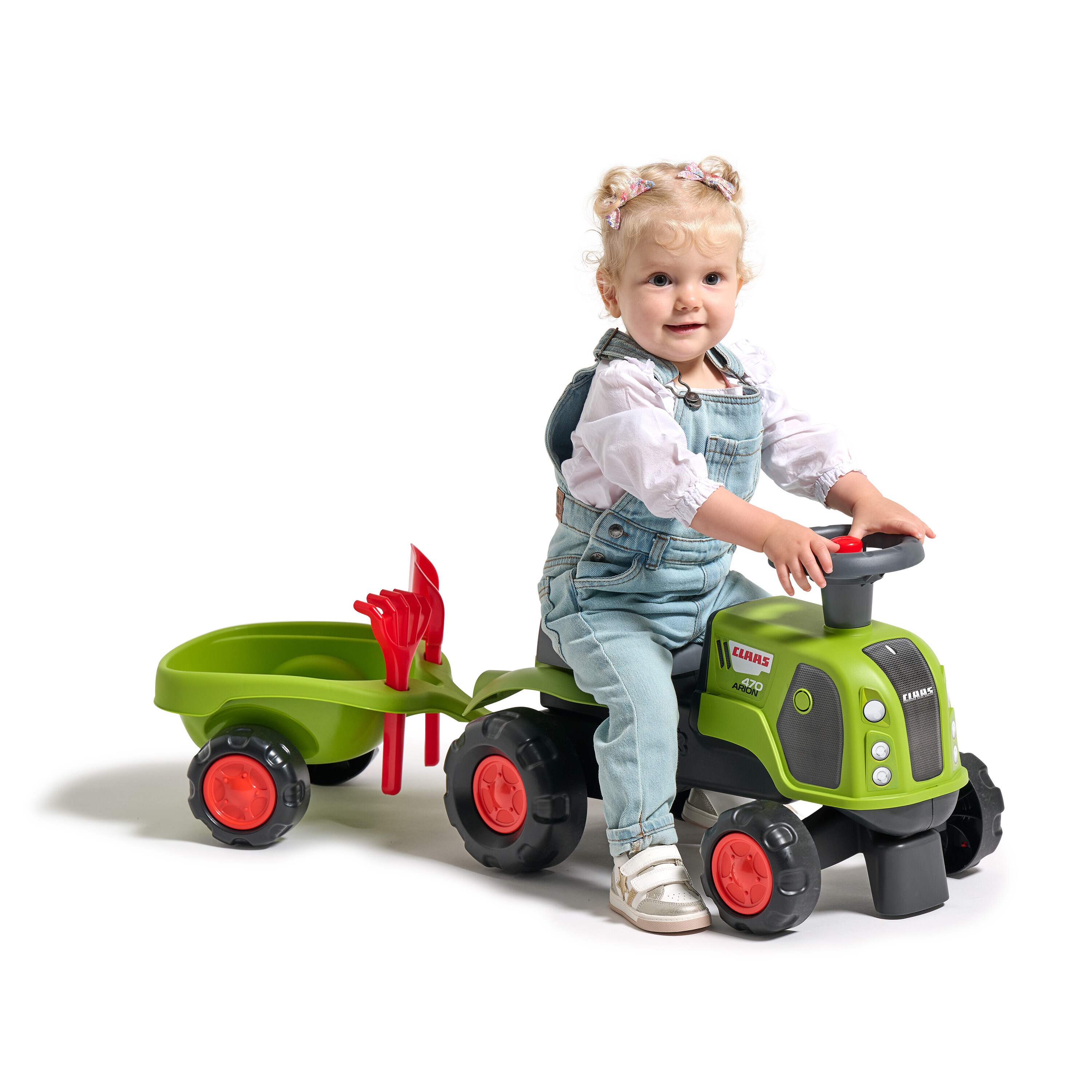 Traktor med rat, horn, trailer, rive og skovl Claas FALK