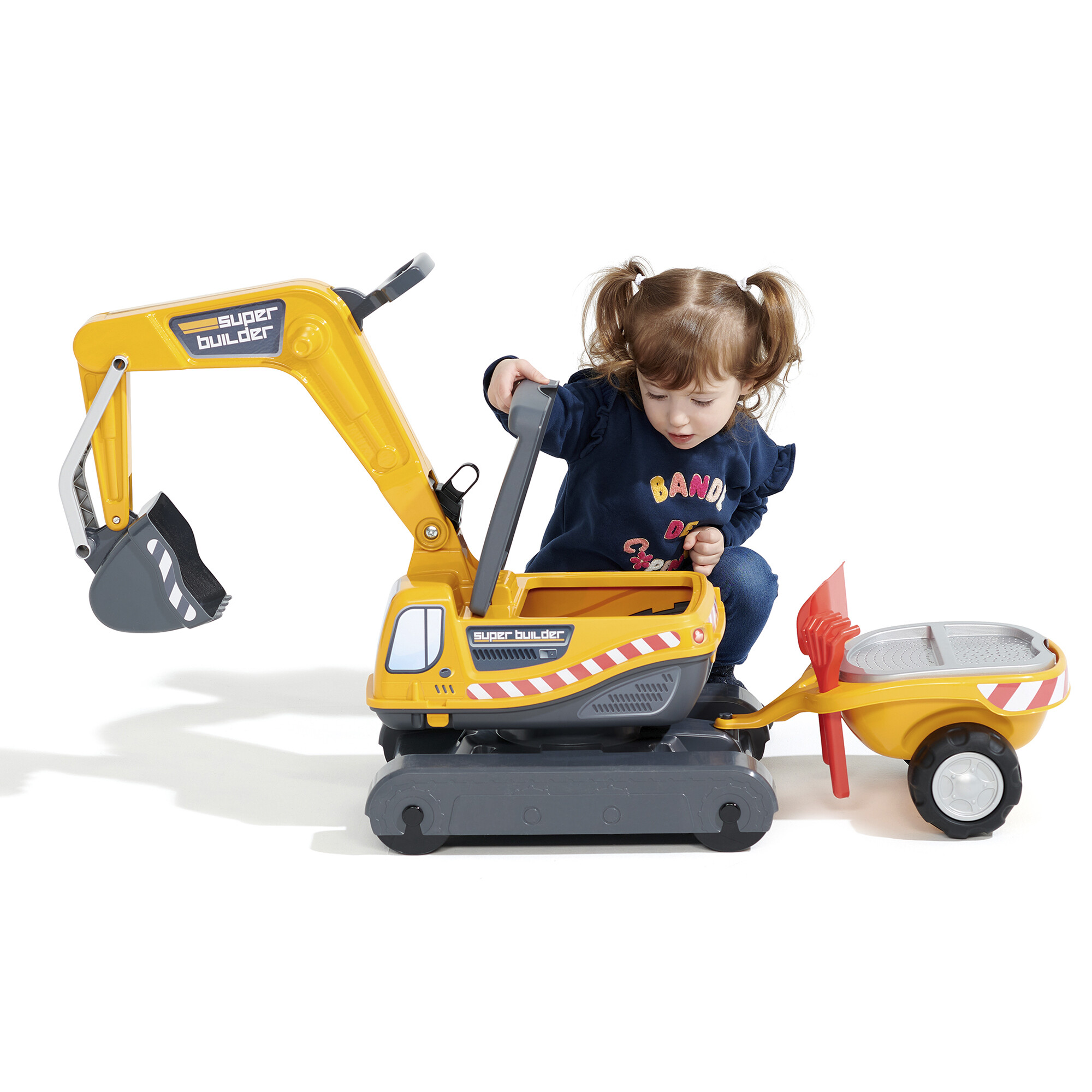 Super Builder excavator fully articulated with opening seat, trailer with sieves and sand playset FALK