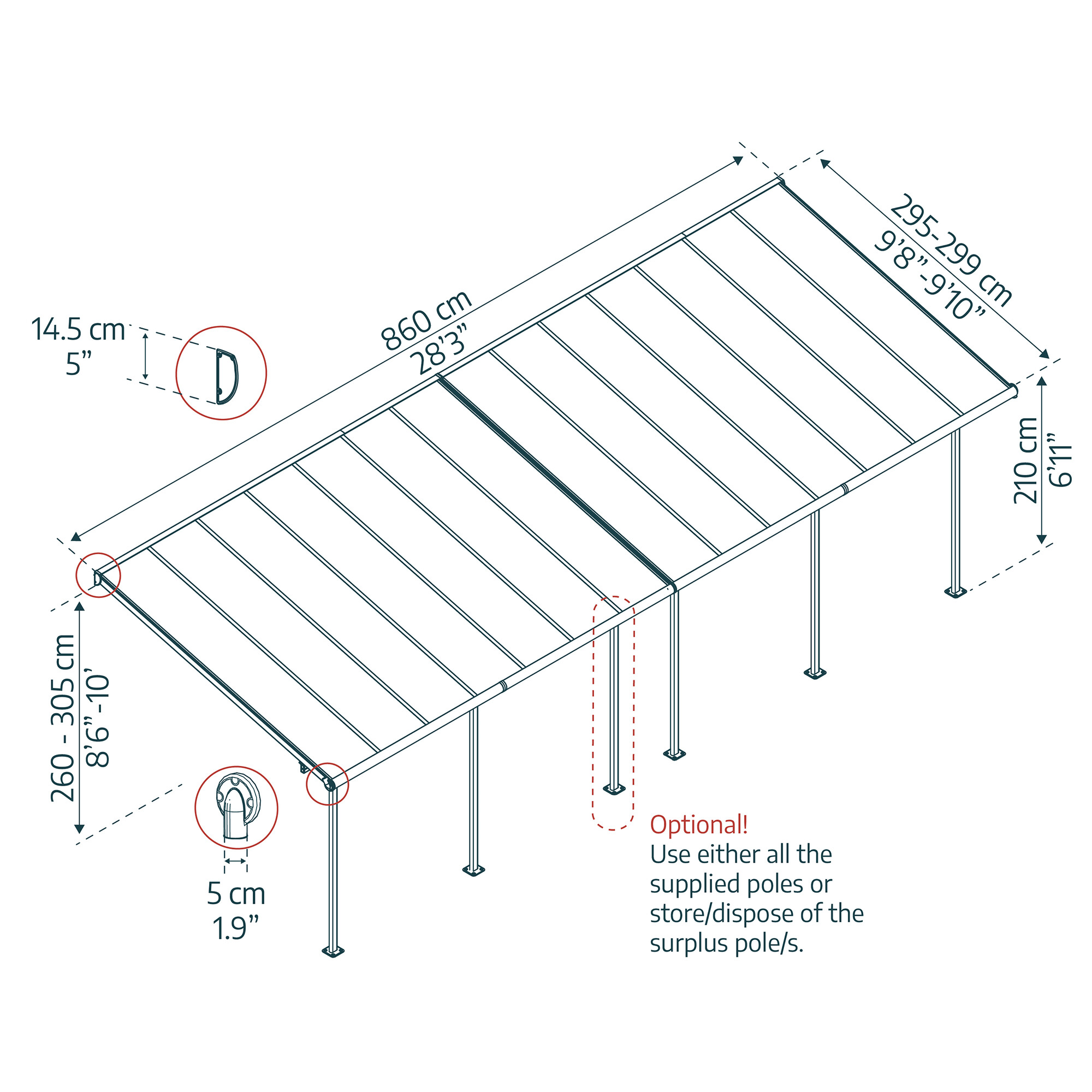 Terrasseoverdækning Sierra 3x8,60m (25,4 m2), antracitgrå Palram - Canopia