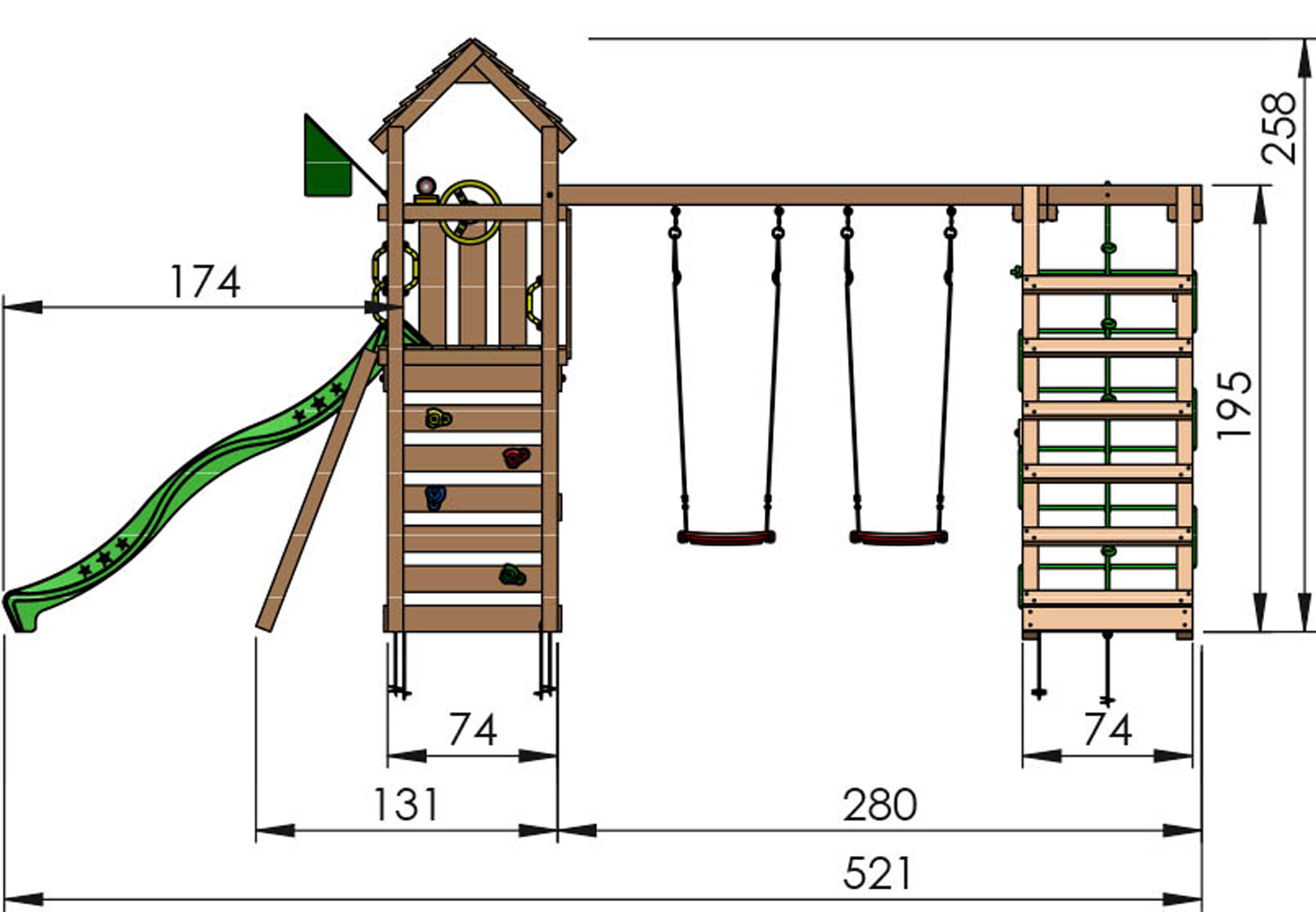 Legetårn Jungle Gym Safari m/2-Climb Module 200 og mørkegrøn rutsjebane