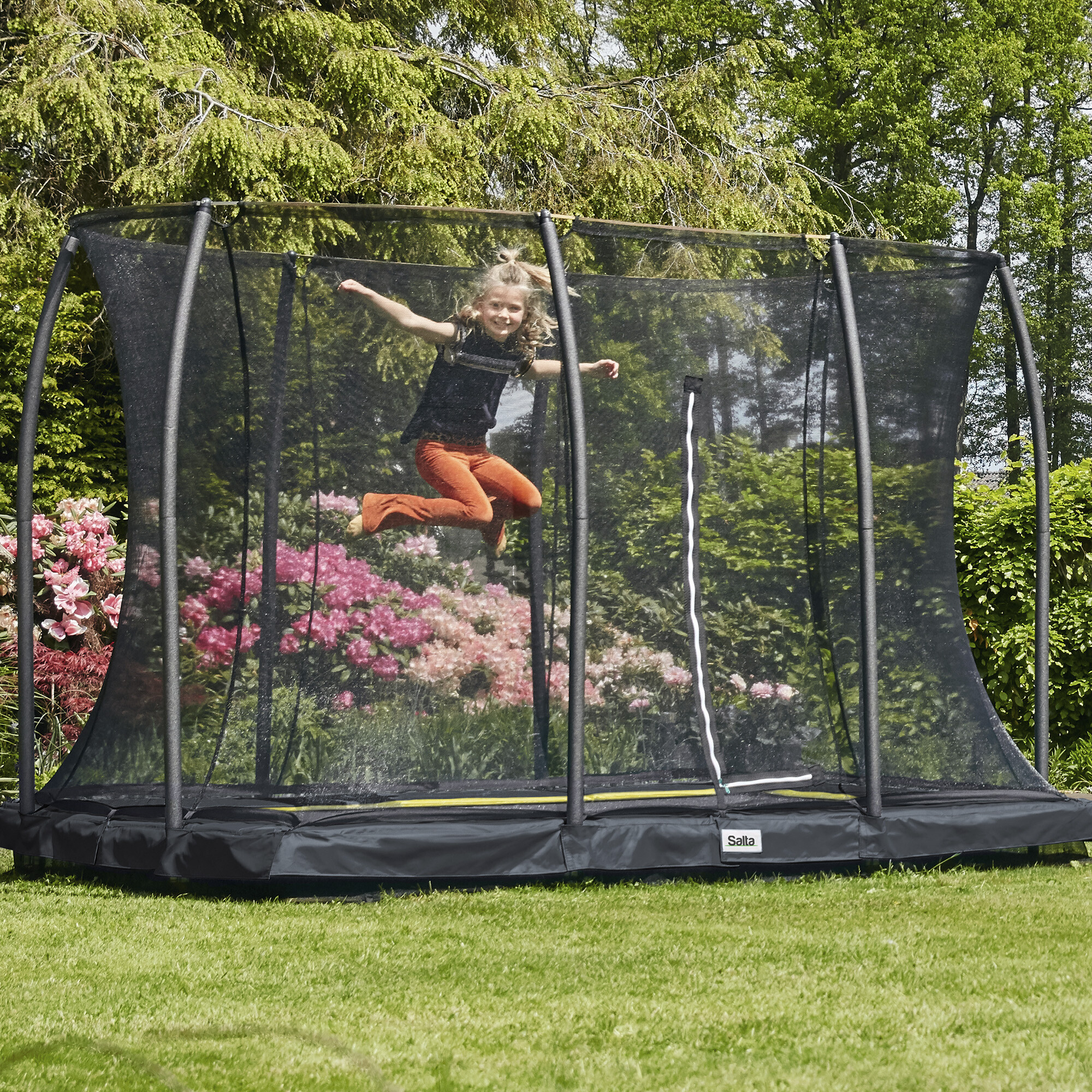 Trampolin Comfort Edition Ground 366 x 244 cm sort inkl. sikkerhedsnet Salta