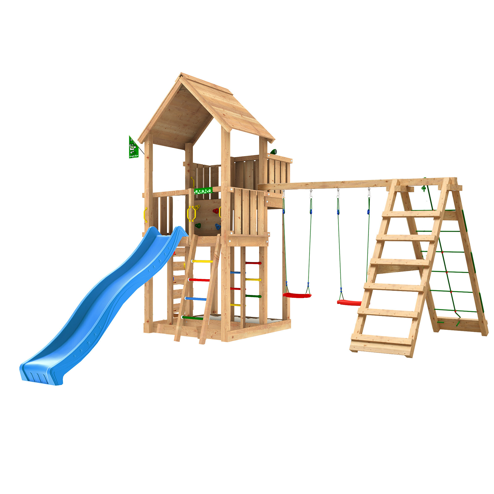 Legetårn Jungle Gym Palace 2.1 m/2-Climb Module 220, blå rutsjebane og 120 kg sand