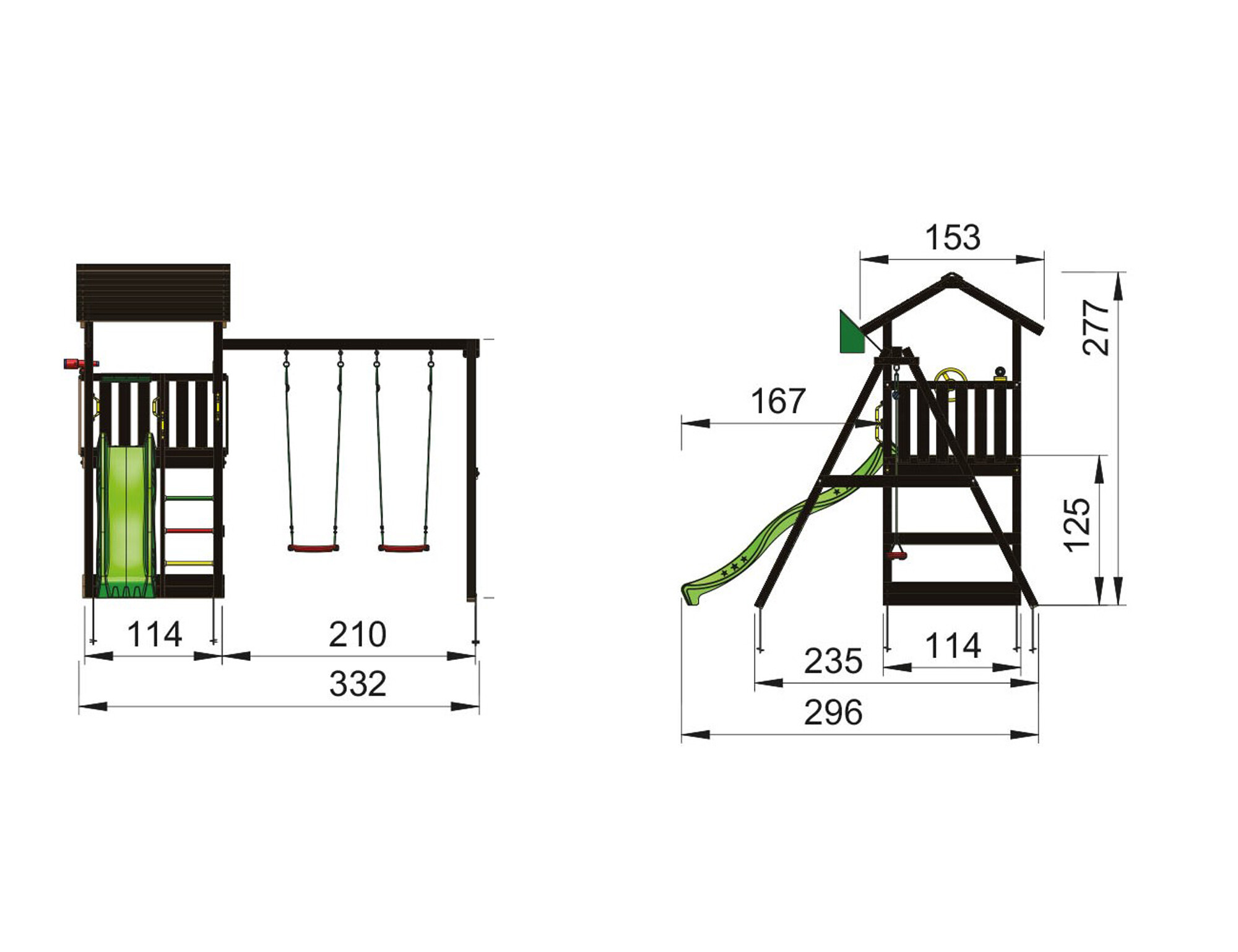 Legetårn Jungle Gym Casa 2.1, grundmalet sort, m/2-Swing Module 220 og mørkegrøn rutschebane