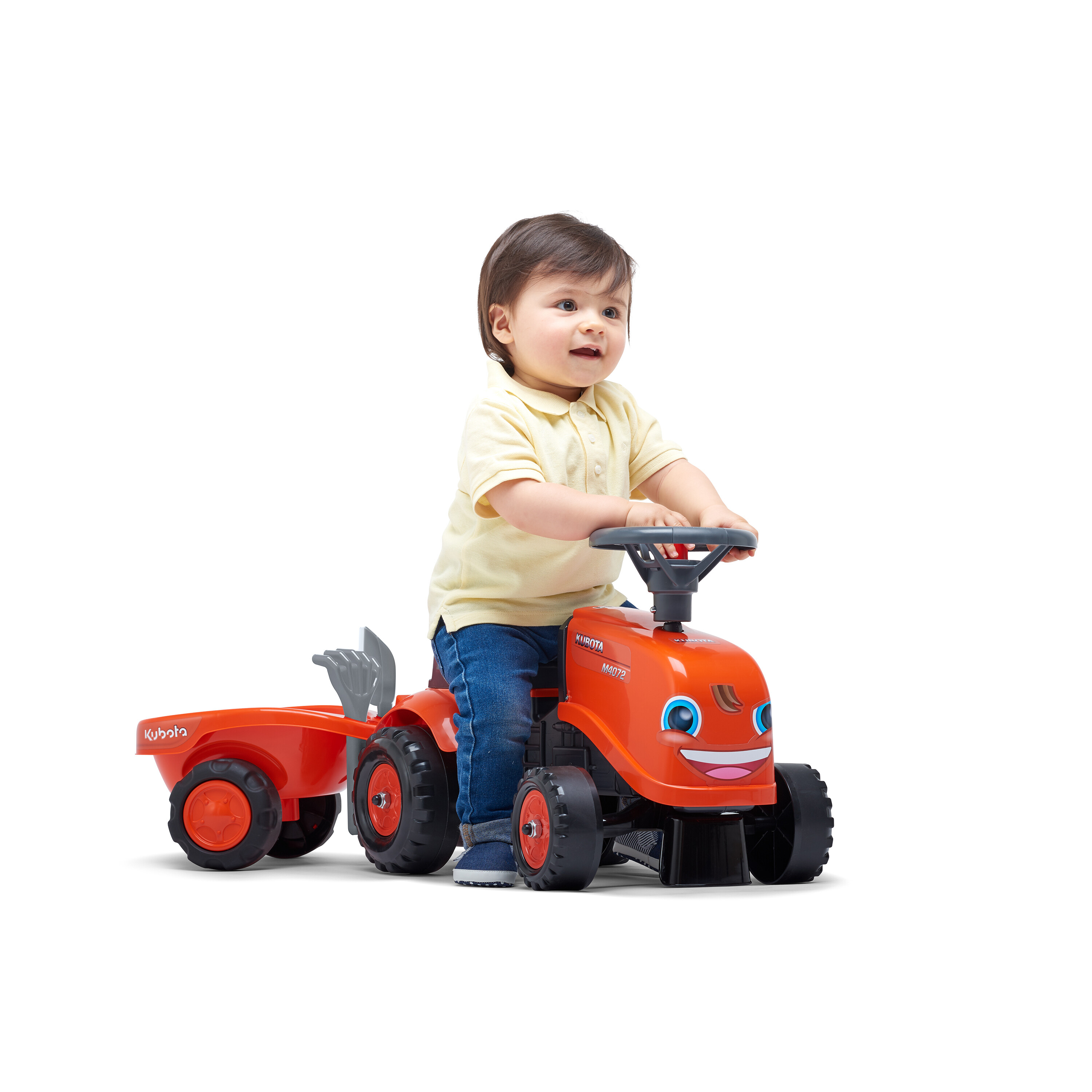 Traktor med trailer, kratta och skyffel Baby Kubota FALK
