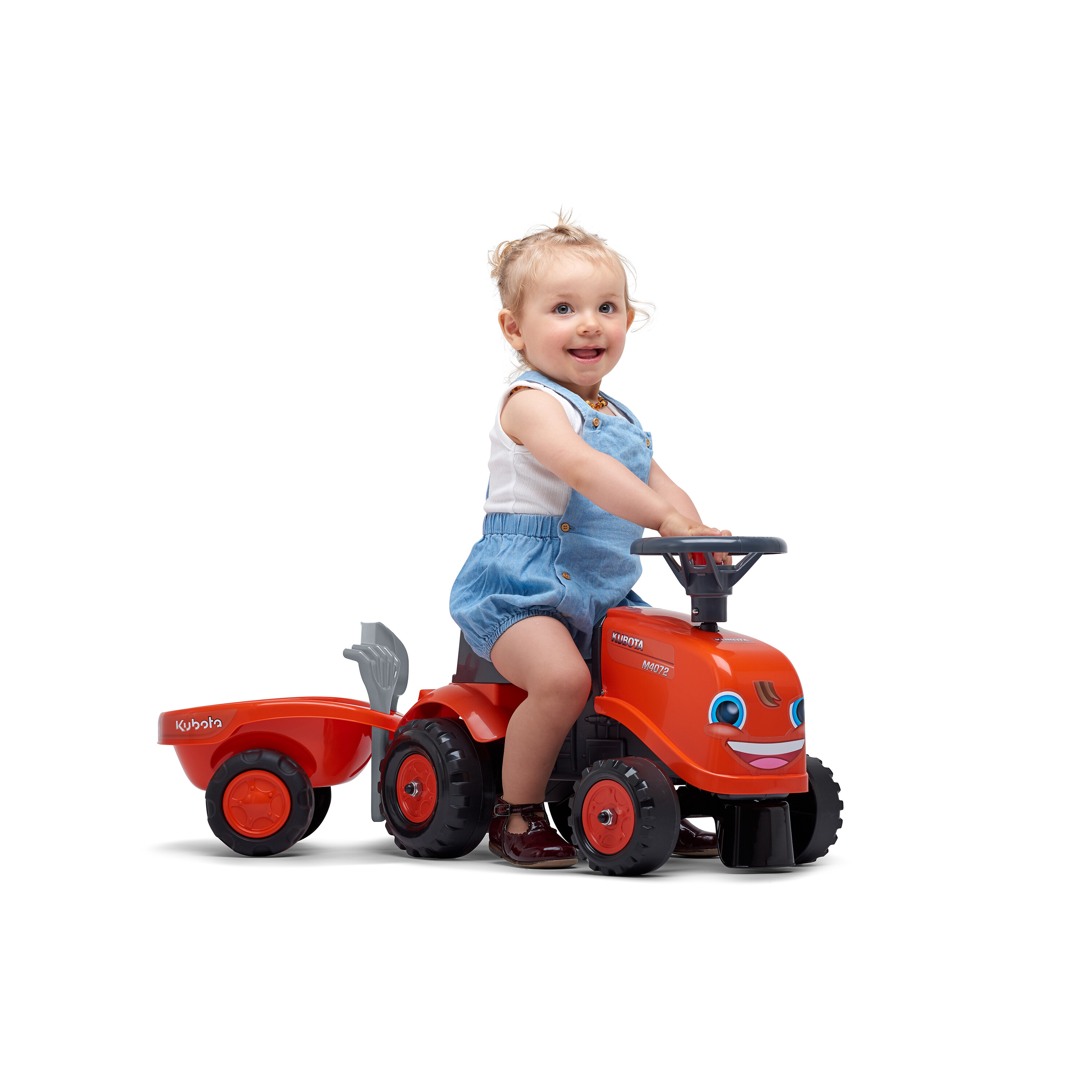 Traktor med trailer, kratta och skyffel Baby Kubota FALK