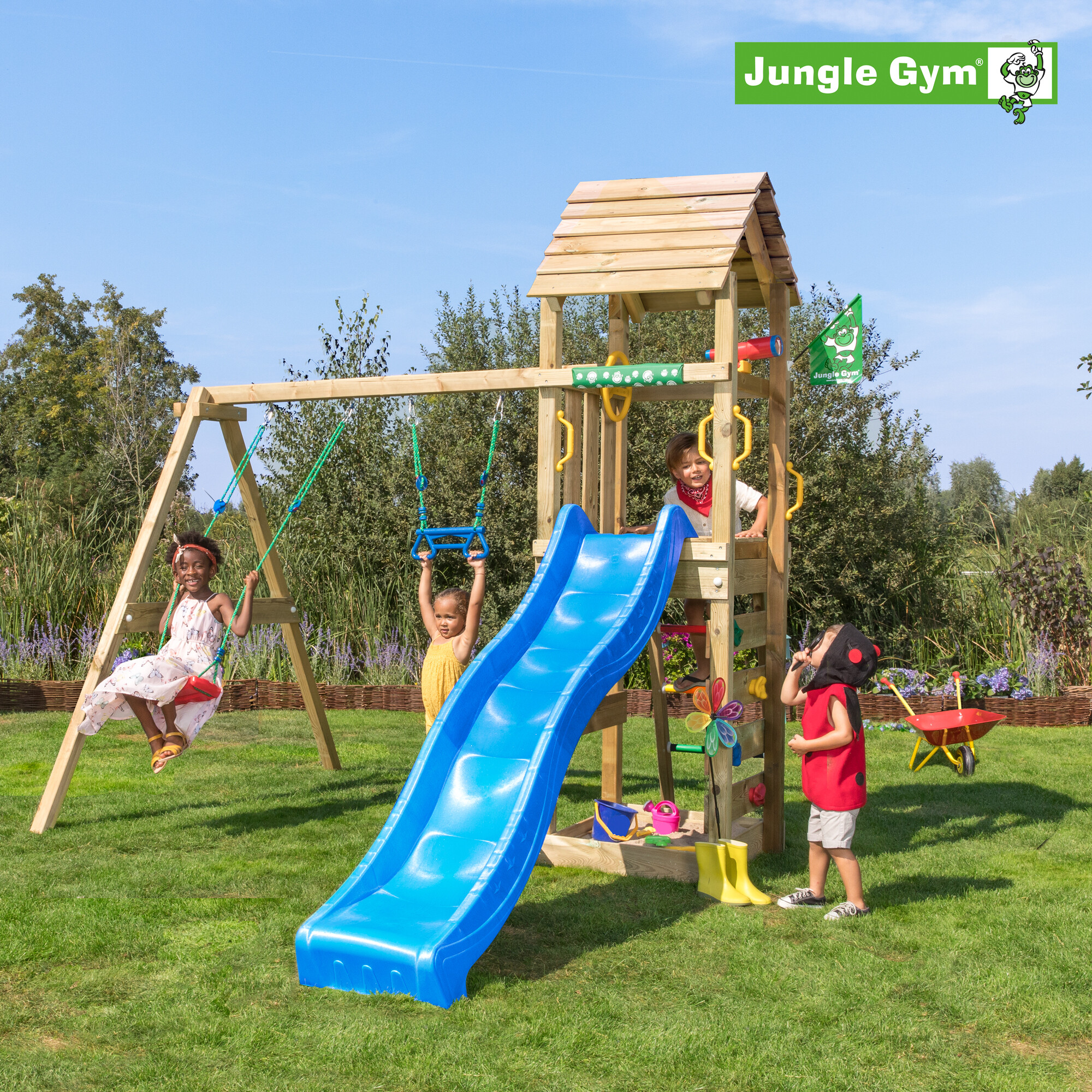 Playtower Jungle Gym Cocoon w/2-Swing Module 200 and blue slide