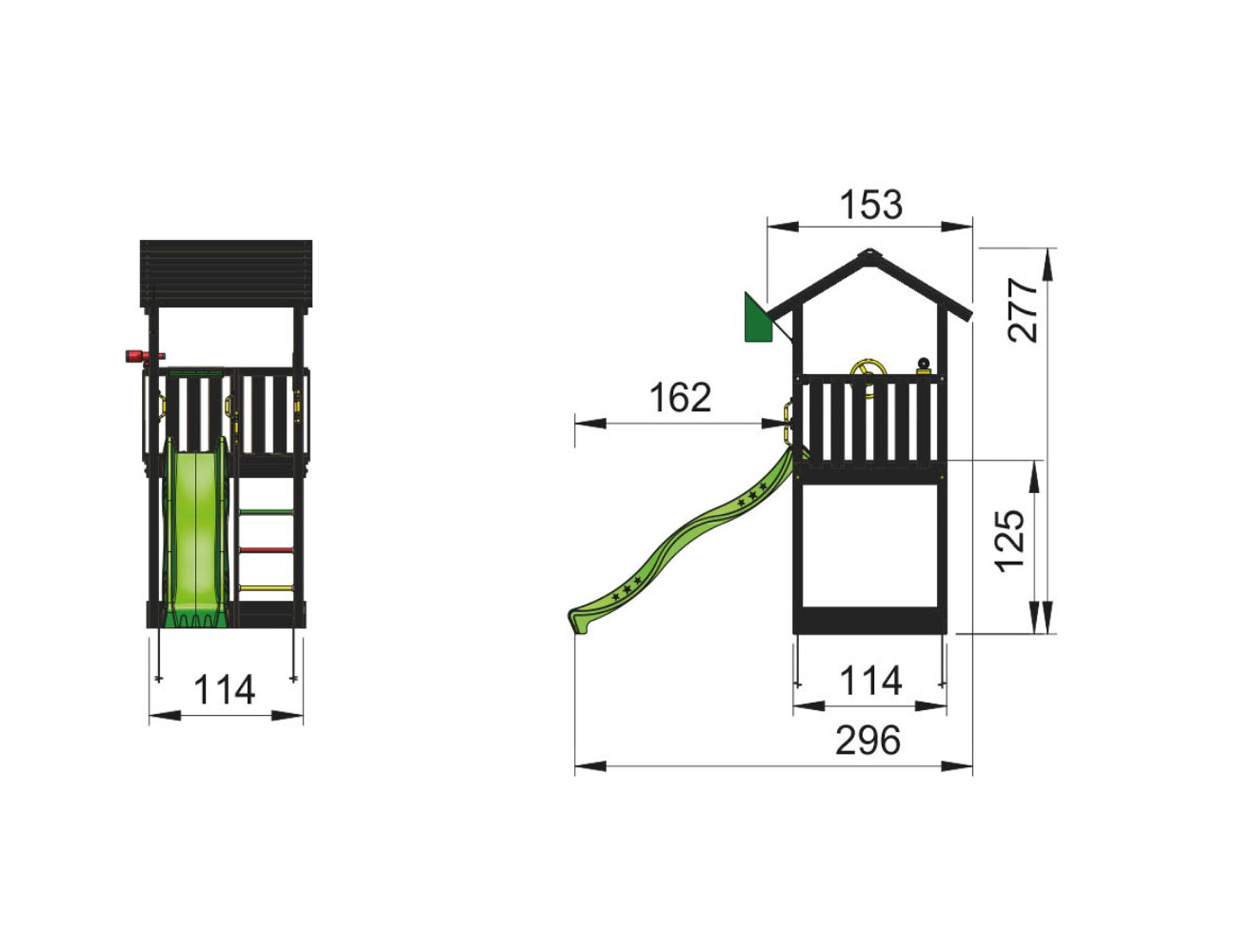 Legetårn Jungle Gym Casa 2.1, grundmalet sort, m/mørkegrøn rutschebane