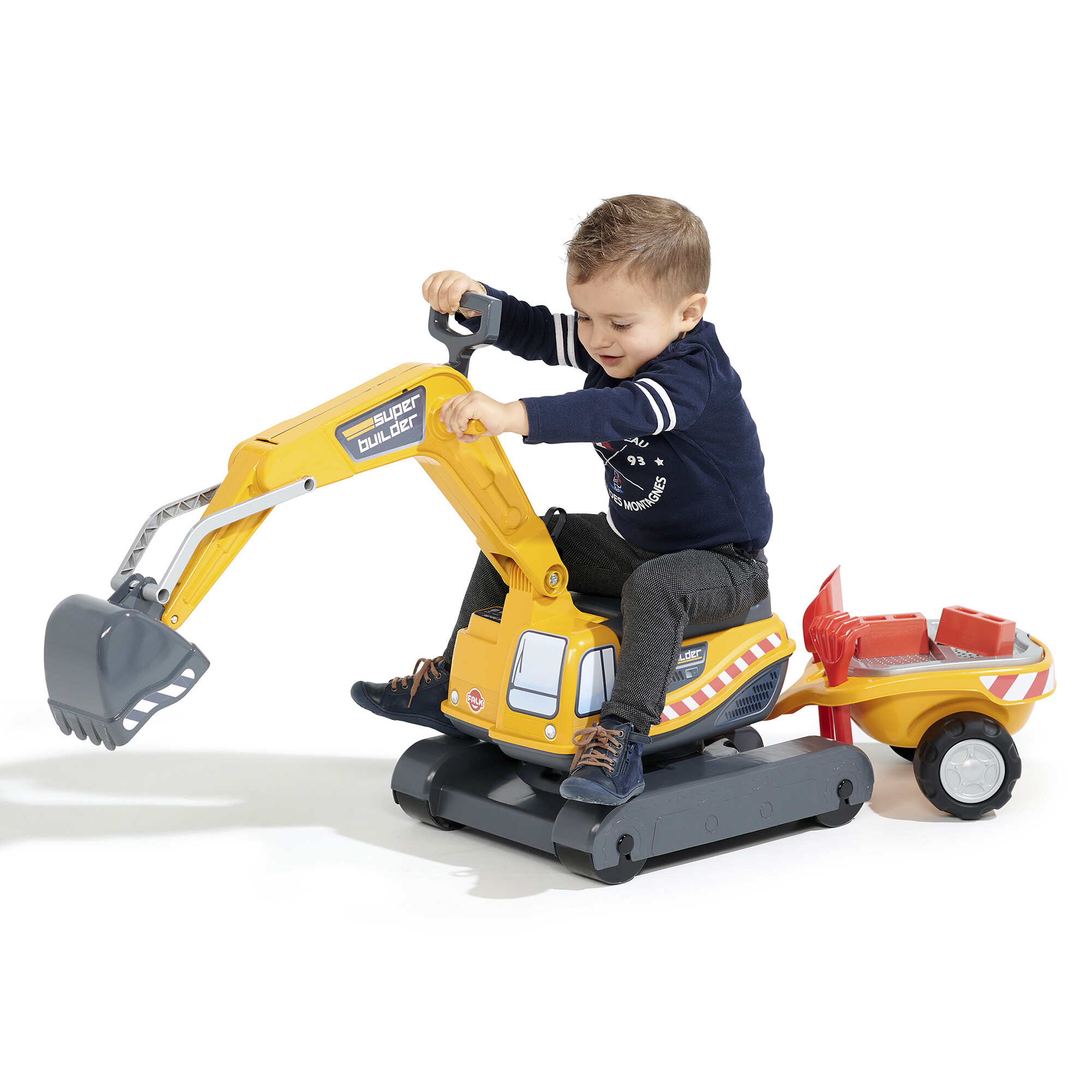 Super Builder excavator fully articulated with opening seat, trailer with sieves and sand playset FALK