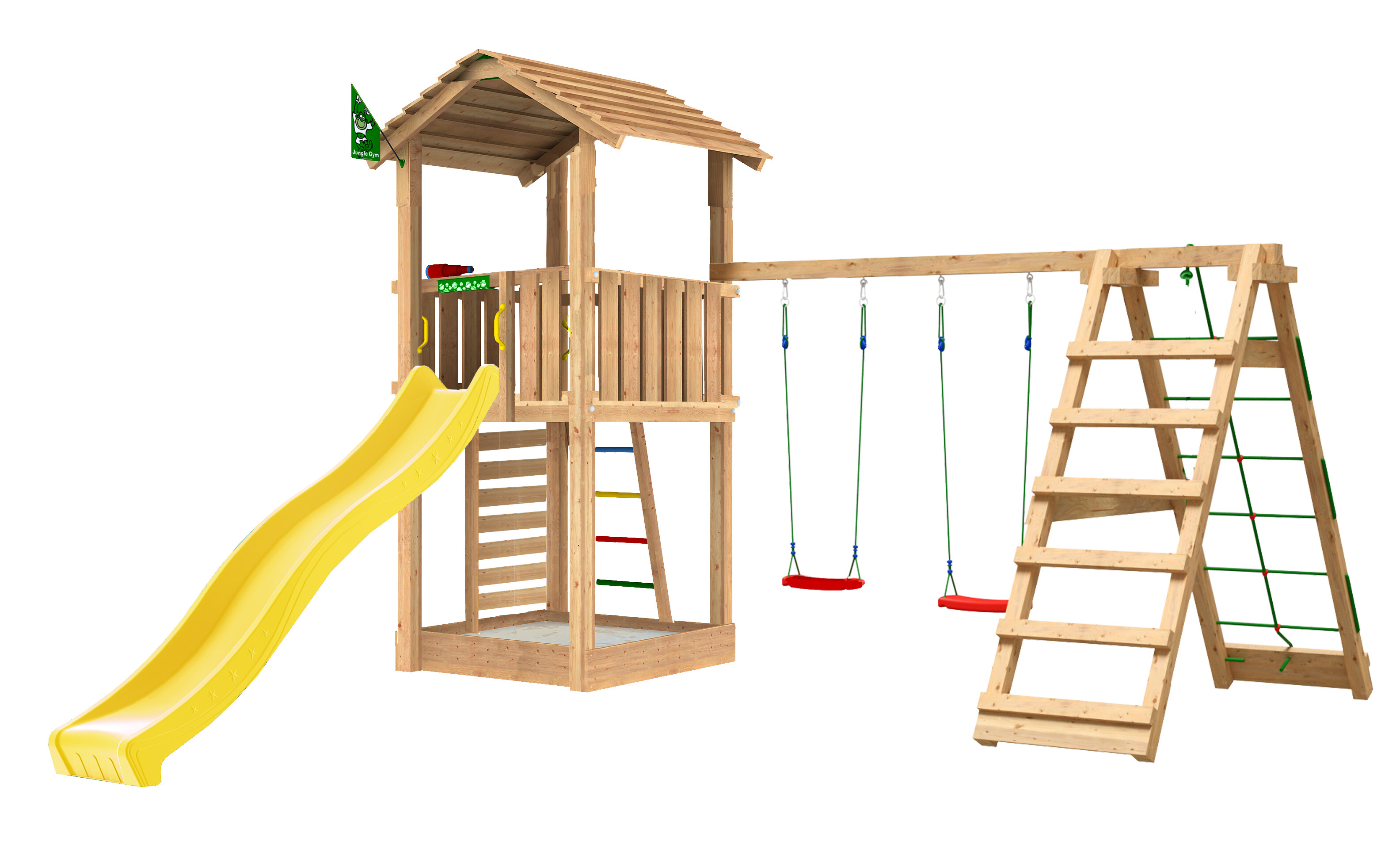 Legetårn Jungle Gym Cottage 2.1 m/2-Climb Modul 220 og gul rutschebane