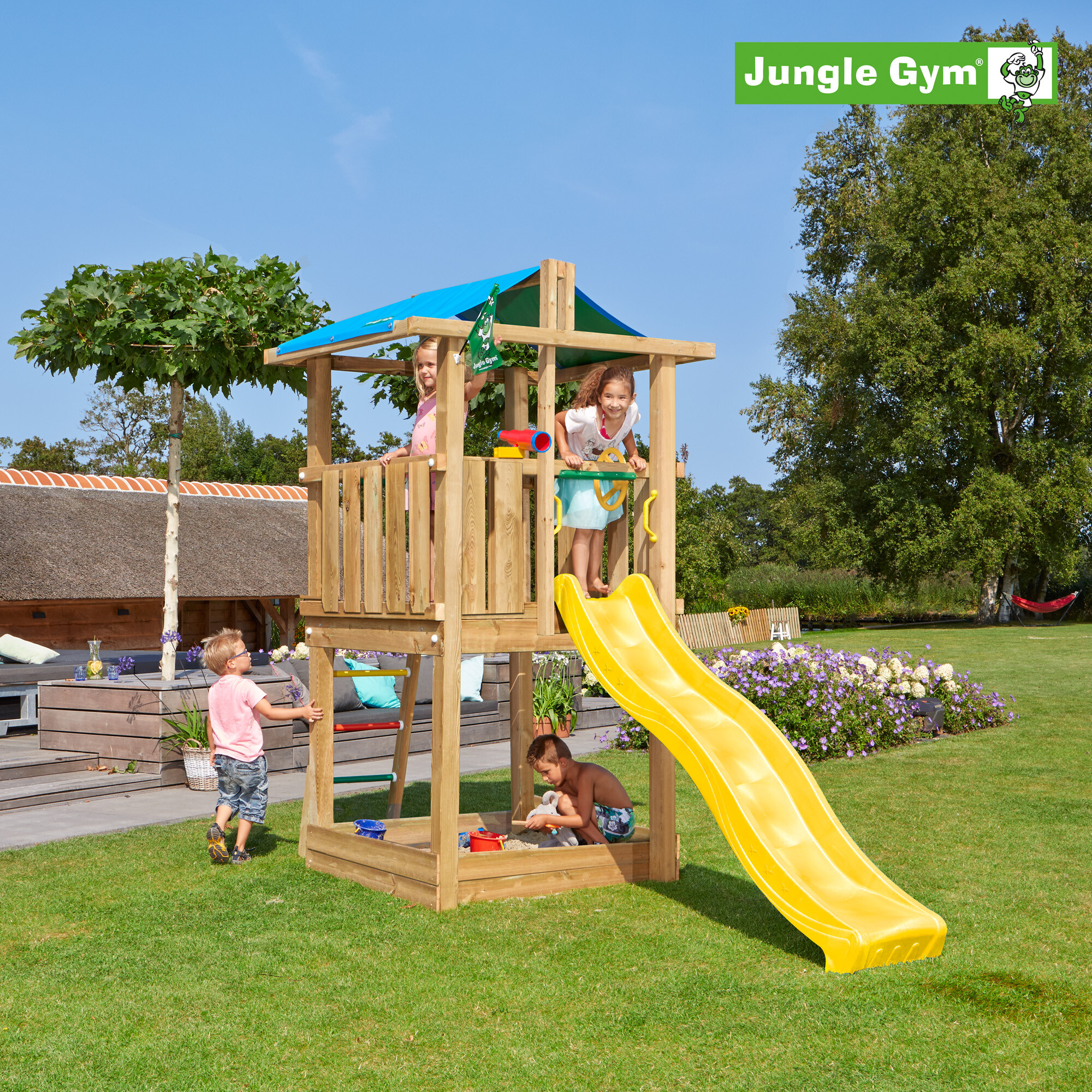 Legetårn Jungle Gym Hut 2.1 m/gul rutschebane