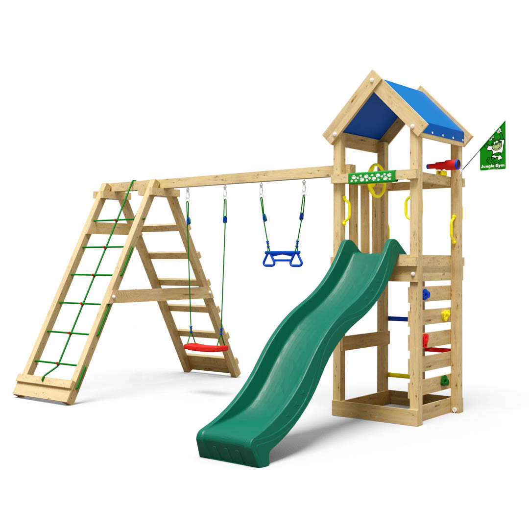 Playtower Jungle Gym Patio w/2-Climb Module 200 and green slide