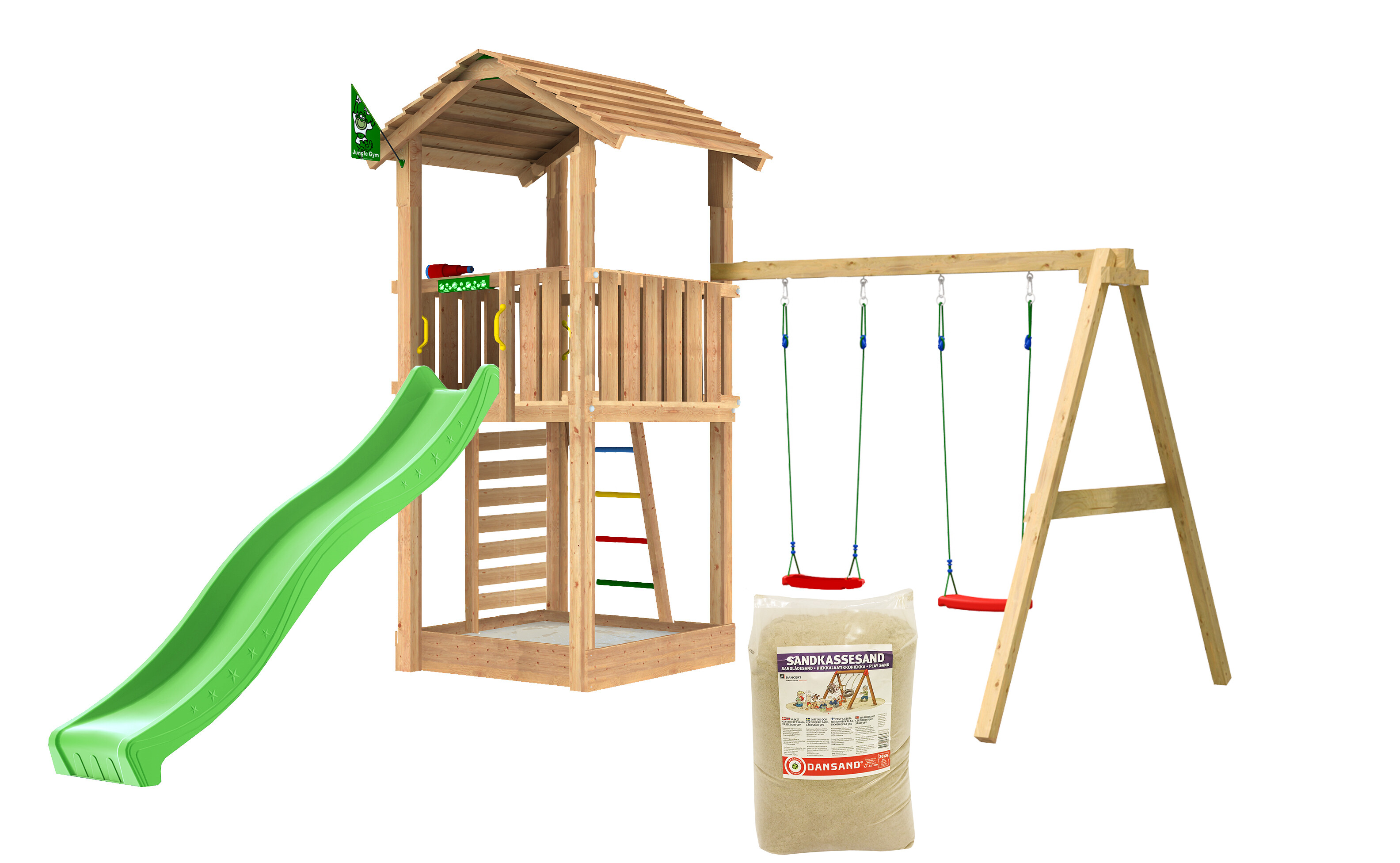 Legetårn Jungle Gym Cottage 2.1 m/2-Swing Modul 220, grøn rutschebane og 120 kg sand