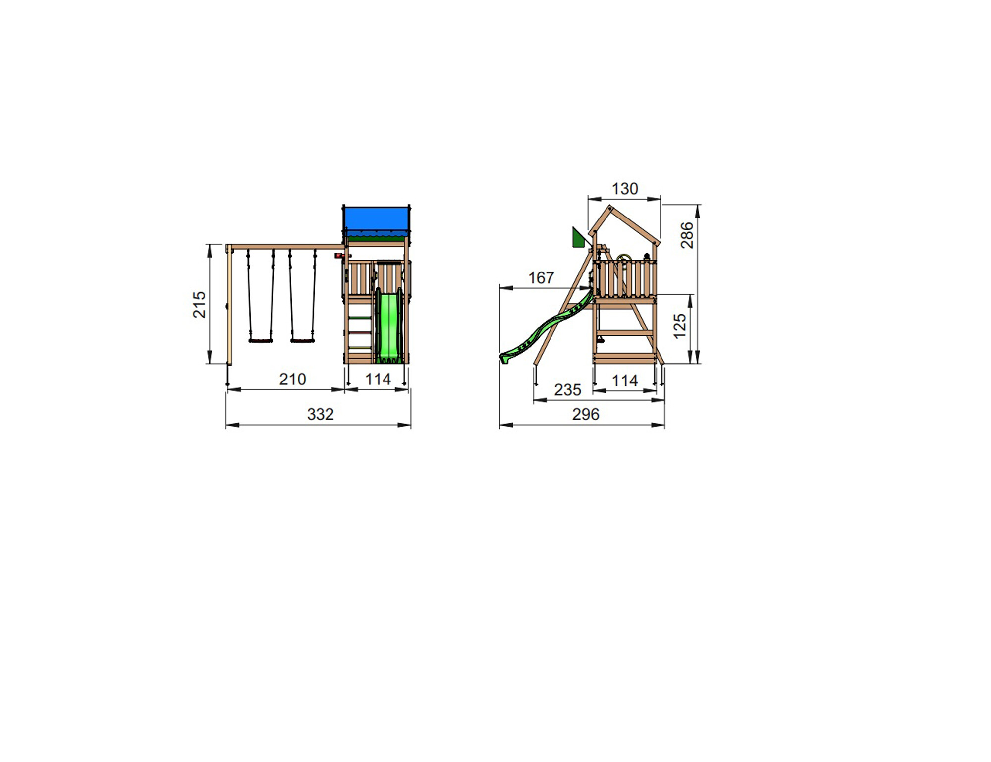 Legetårn Jungle Gym Home 2.1, m/2-Swing Module 220 og grøn rutschebane