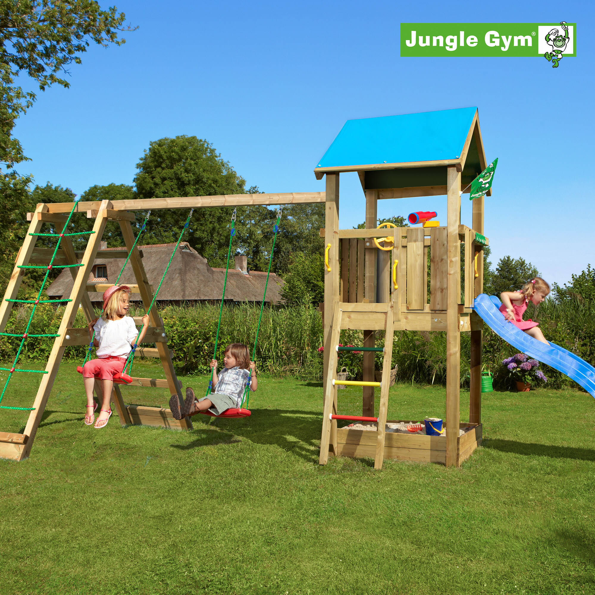 Legetårn Jungle Gym Castle 2.1, m/2-Climb Module 220 og blå rutschebane