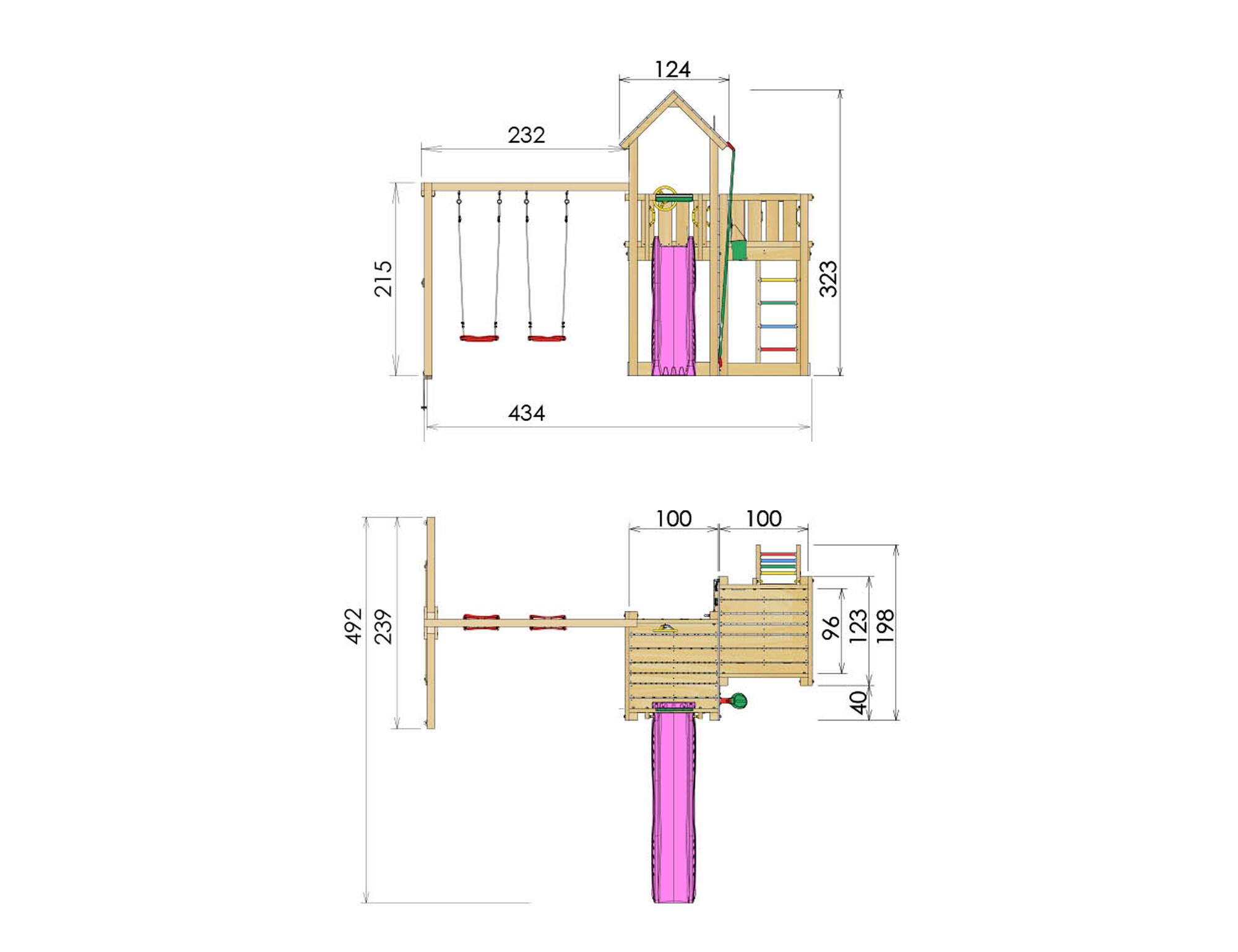 Legetårn komplet Jungle Gym Mansion inkl. Swing module x'tra, 120 kg sand og blå rutschebane