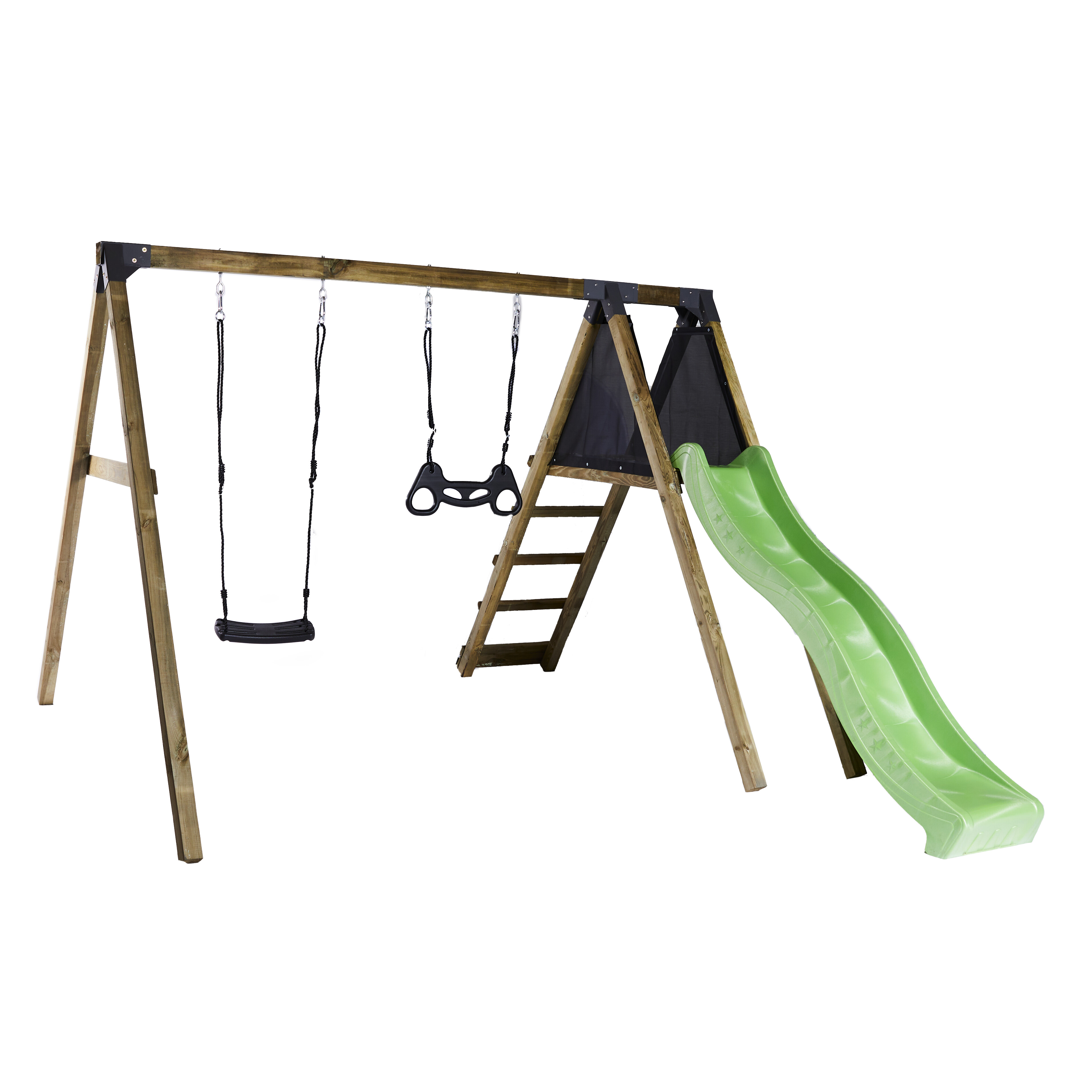 Gyngestativ med climb modul, sort gyngesæde og sort trapezgynge inkl. grøn rutsjebane NORDIC PLAY