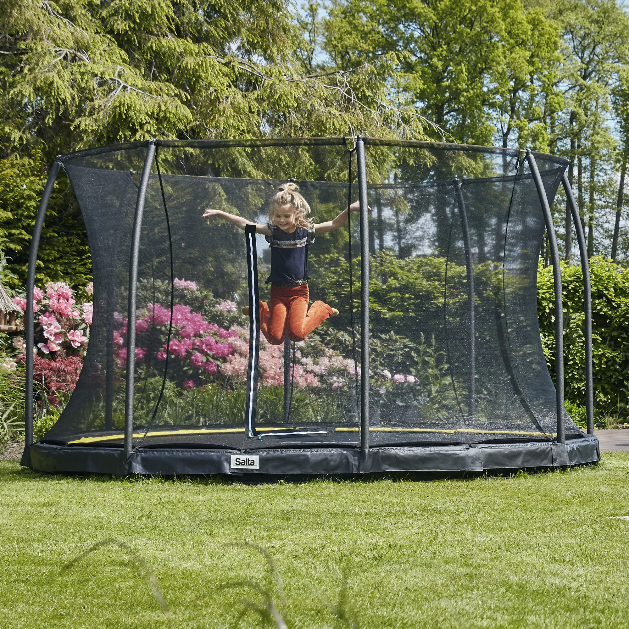 Trampolin Comfort Edition Ground Ø396 cm, sort inkl. sikkerhedsnet Salta