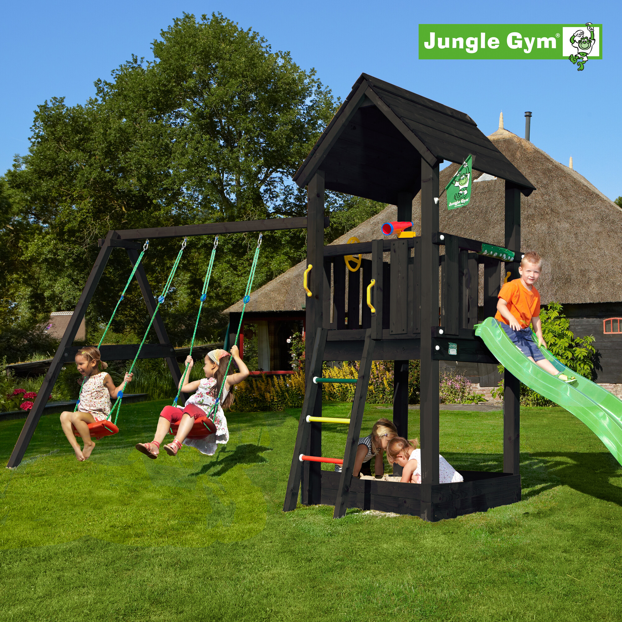 Legetårn Jungle Gym Club 2.1, grundmalet sort, m/2-Swing Module 220 og grøn rutschebane