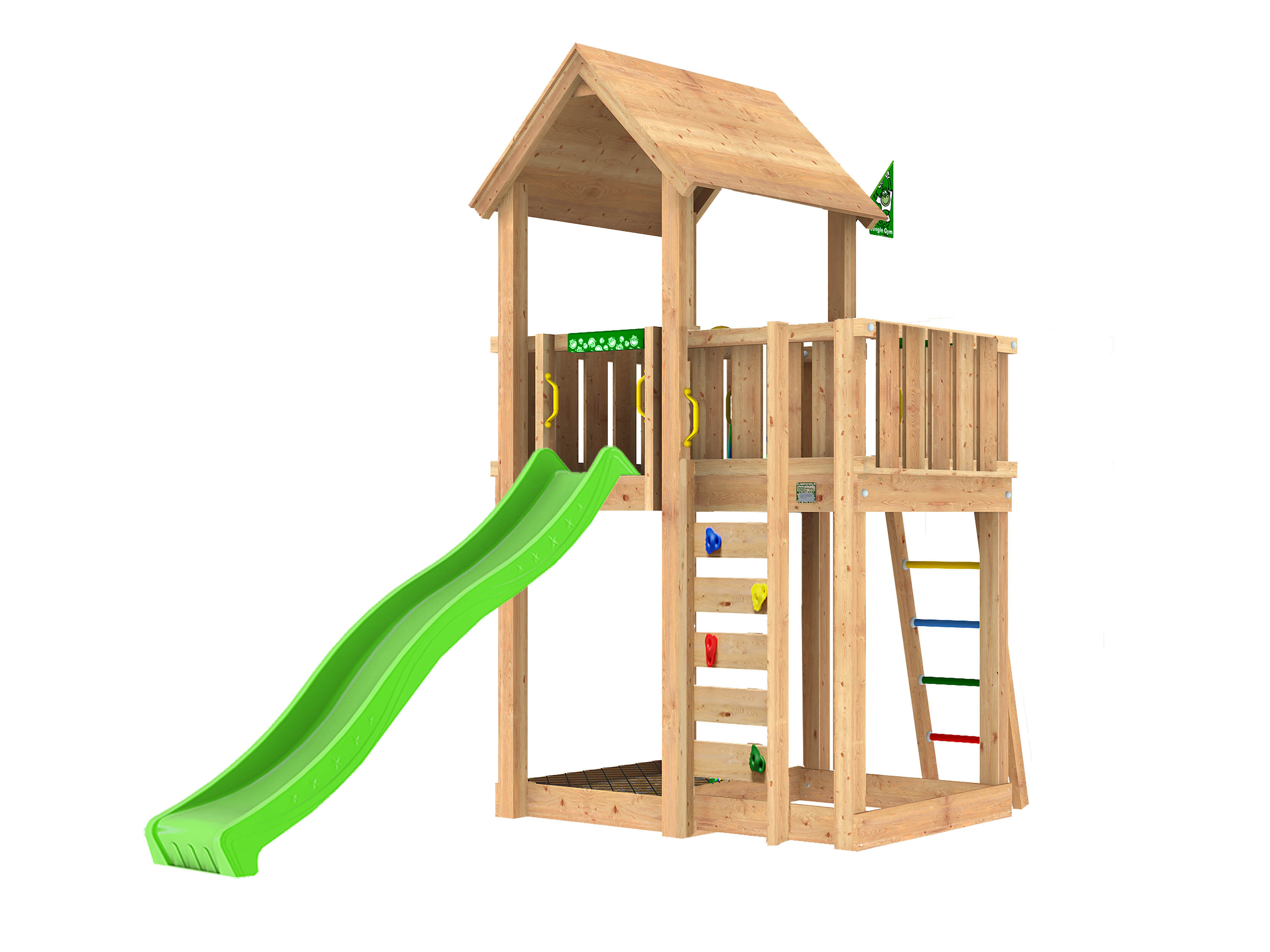 Legetårn Jungle Gym Mansion 2.1 m/grøn rutsjebane og 120 kg sand