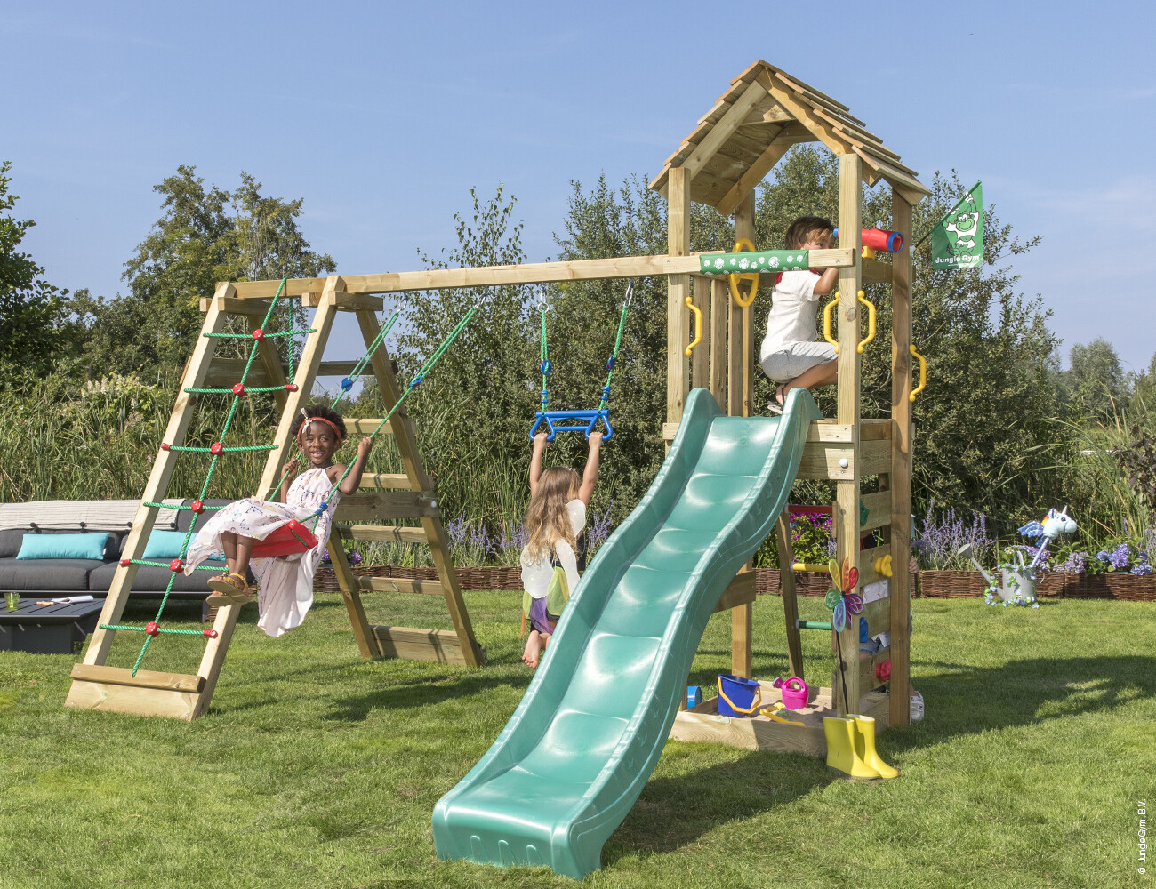 Legetårn Jungle Gym Cocoon m/2-Climb Module 200 og mørkegrøn rutsjebane