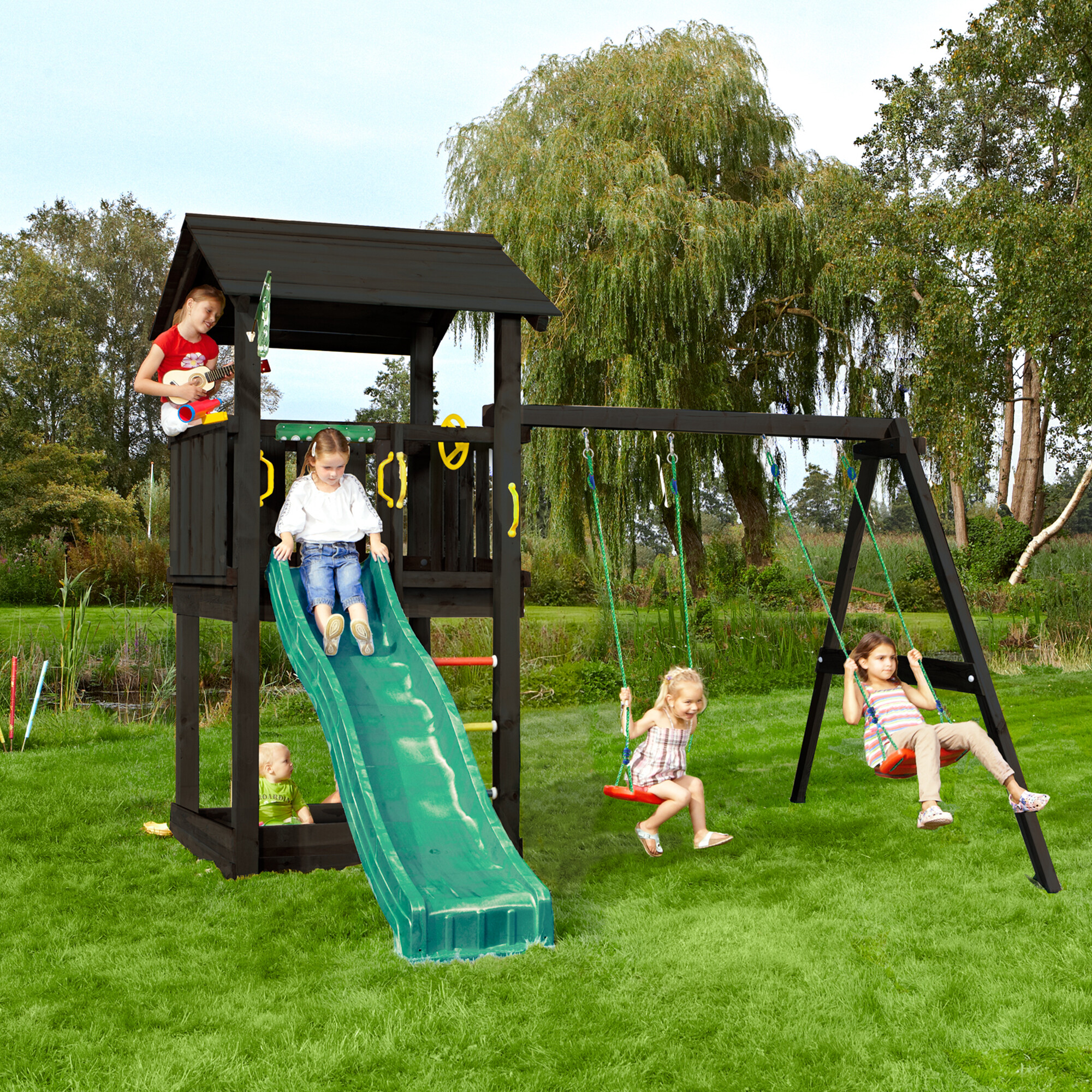 Legetårn Jungle Gym Casa 2.1, grundmalet sort, m/2-Swing Module 220 og mørkegrøn rutschebane